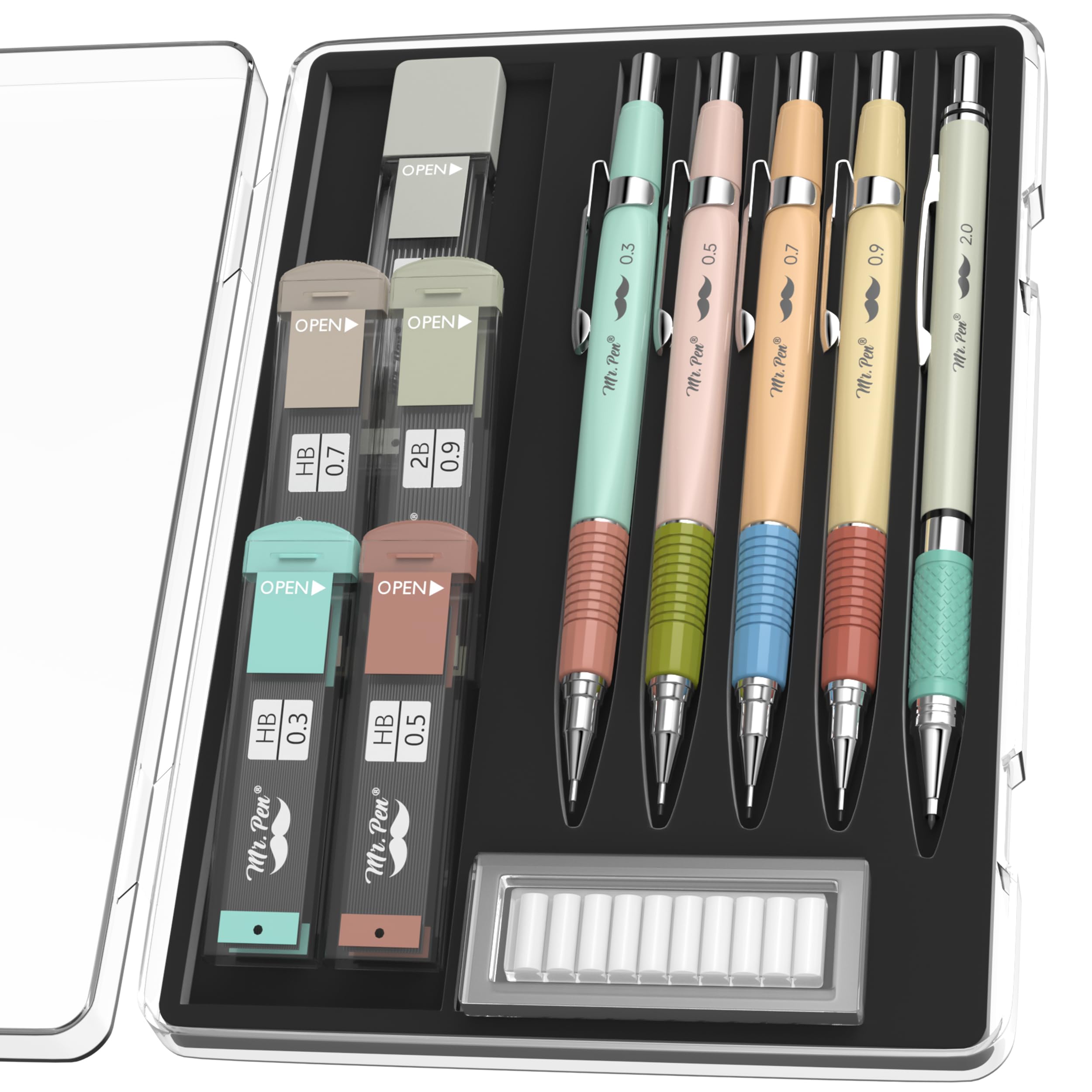 Mr. Pen- Mechanical Pencil Set, 5 Sizes, 0.3, 0.5, 0.7, 0.9, 2Mm, Anti Skidding Grip Cute Mechanical Pencils, Sketching Pencils,