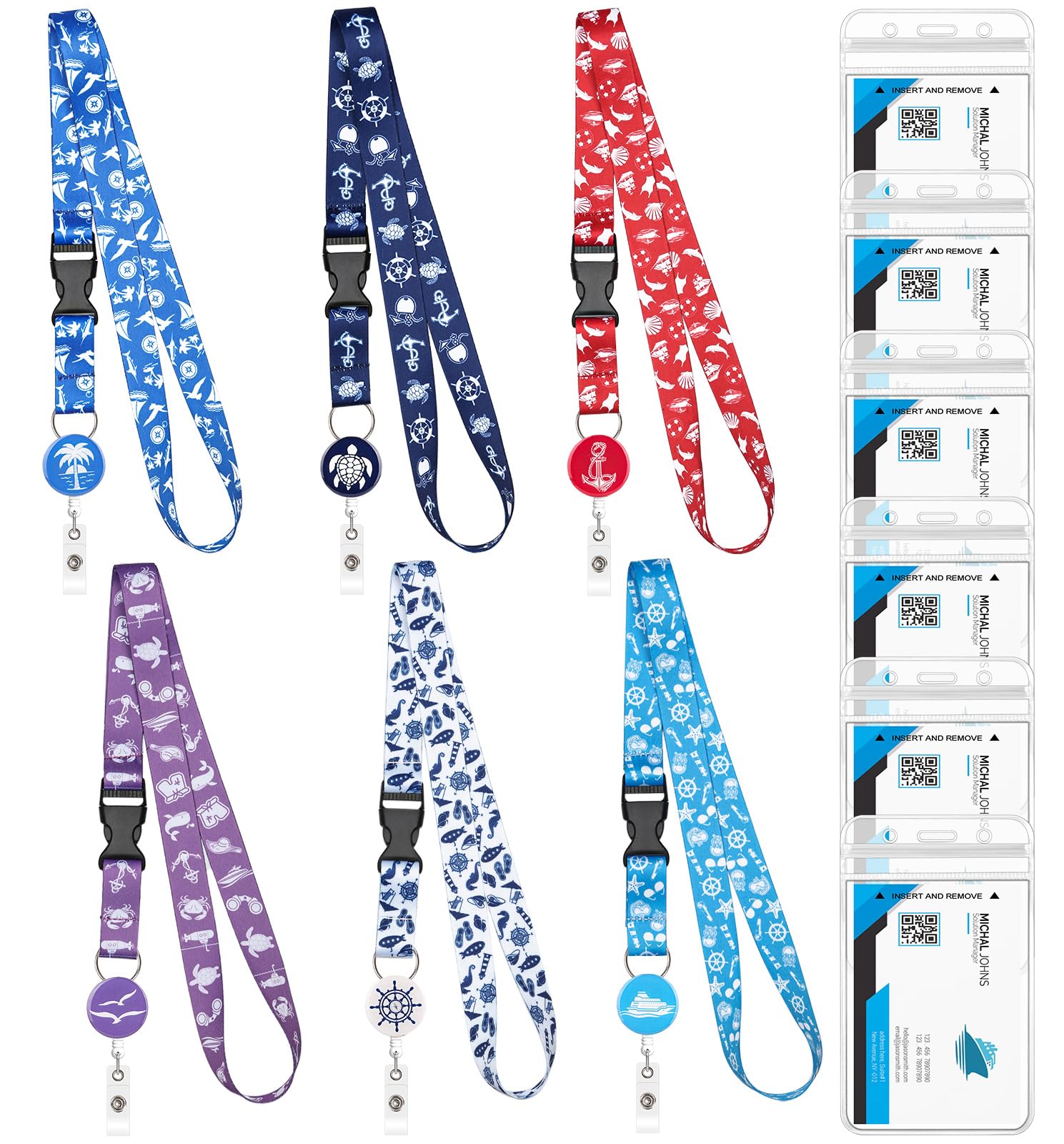 Roadplum 6 Pack Cruise Lanyards Set For Ship Cards, With Retractable Badge Reel Id Card Holders, Sea-Themes Pattern For All Crui