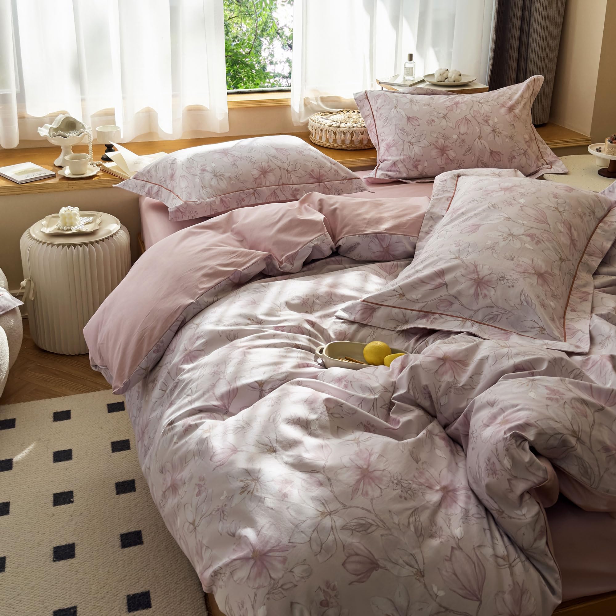 Aojim Pink Kids Adults Duvet Cover Set With Gardenia Patterns, Soft Comfy 100% Cotton Comforter Cover Set 3Pcs, 1 Ab Sided Quilt