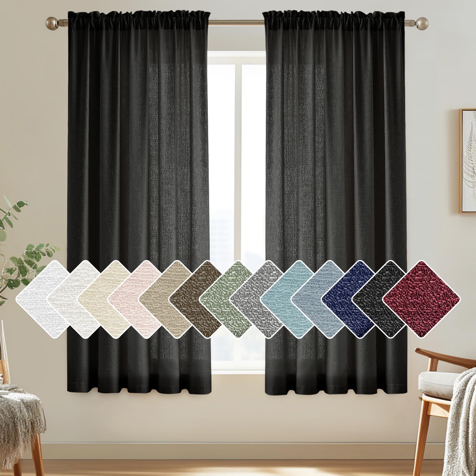 Melodieux Black Semi Sheer Curtains 45 Inch Length for Bedroom Kitchen Small Windows, Linen Look Rod Pocket Privacy Sheer Drapes