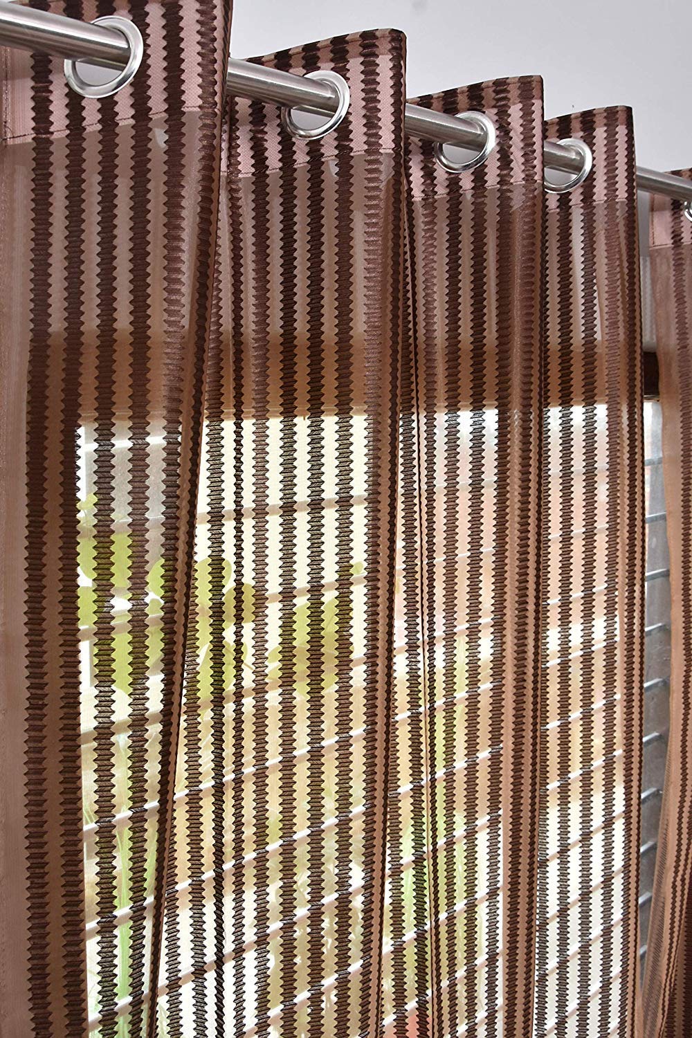 K 2 6 Creation Stripped Polyester Tissue Net Pattern Eyelet Curtain (Brown, 4 x 5 Feet)