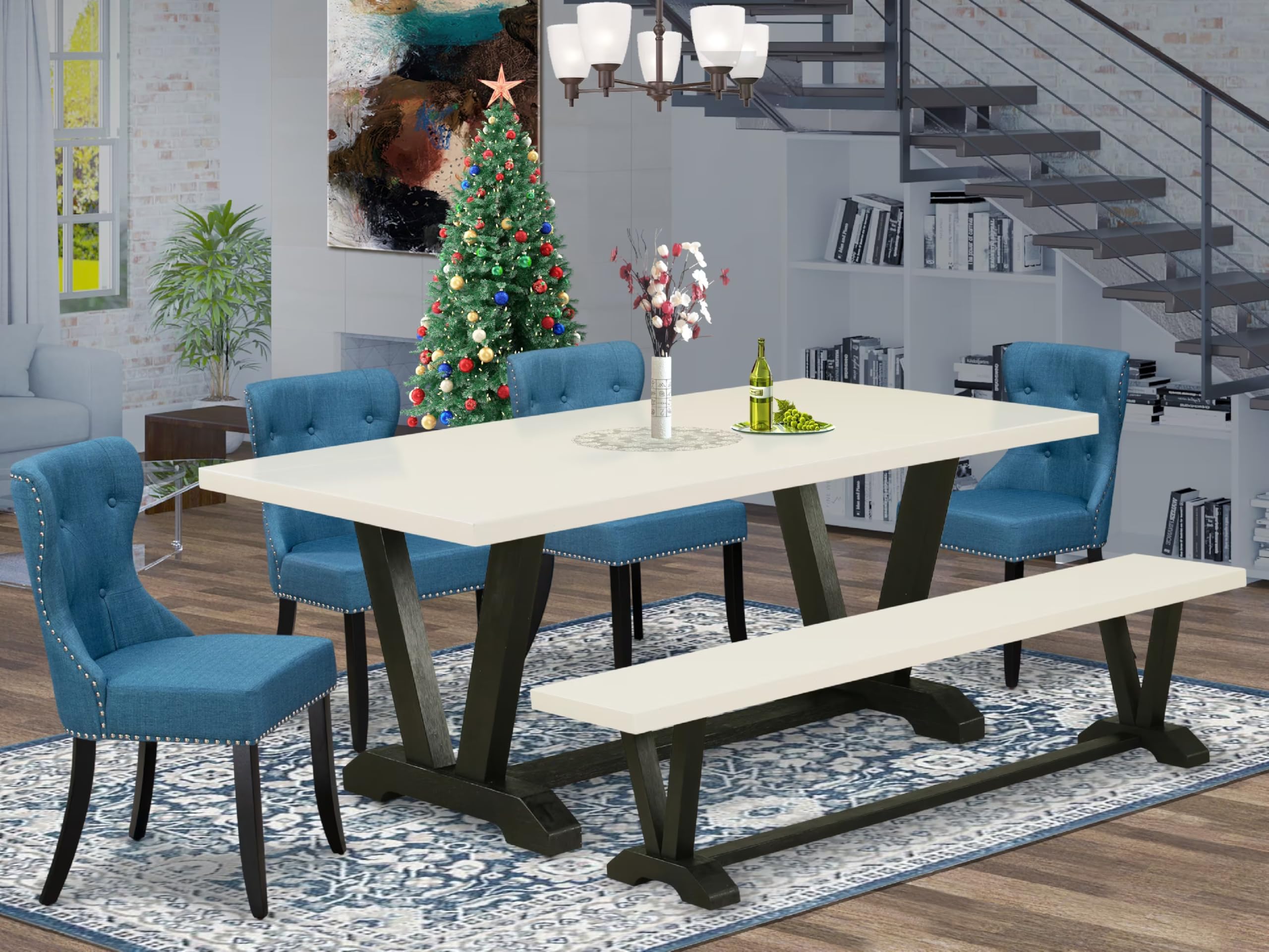 East West Furniture V627Si121-6 6 Piece Dining Table Set Contains A Rectangle Dining Room Table With V-Legs And 4 Blue Linen Fabric Parson Chairs With A Bench, 40X72 Inch, Multi-Color