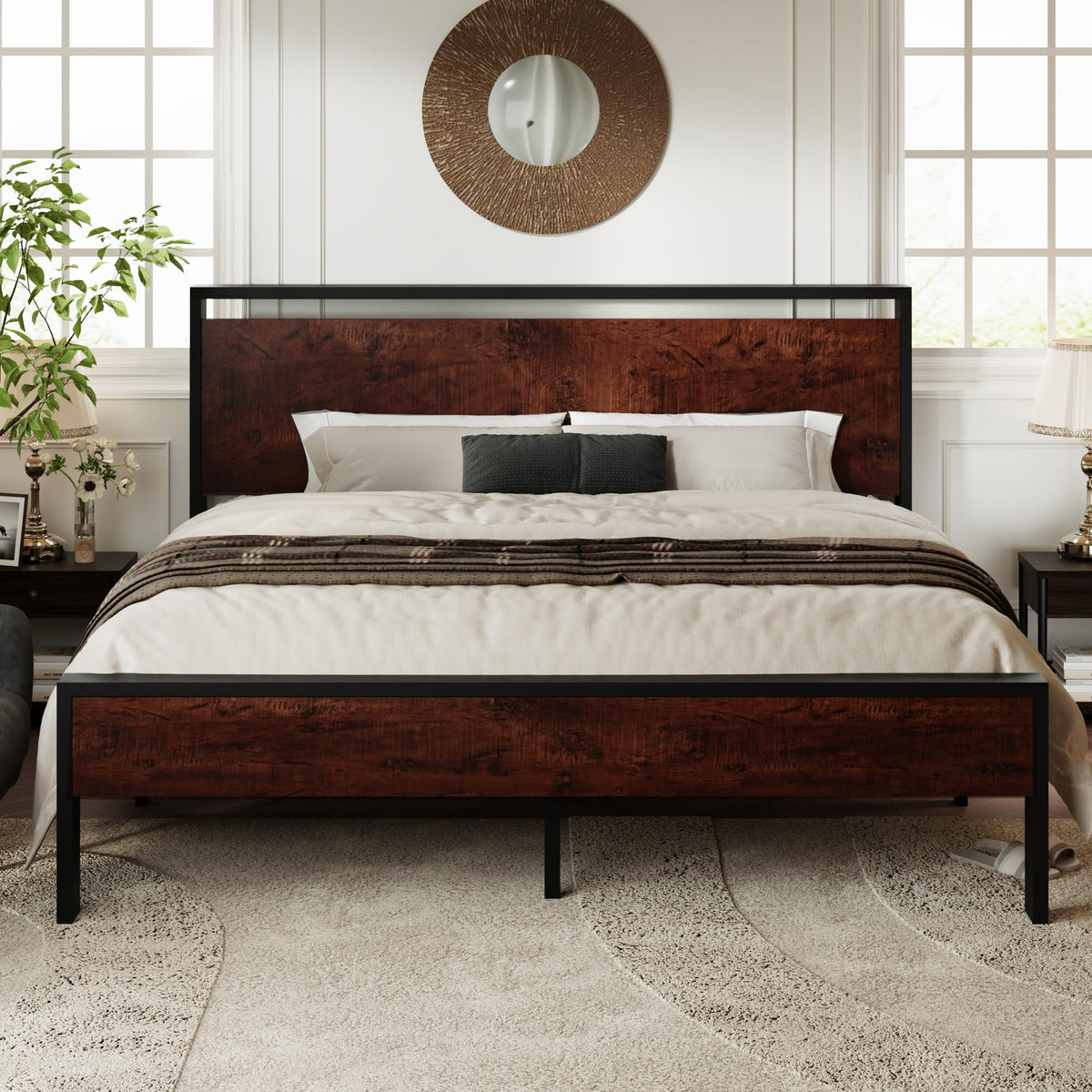 Allewie King Size Platform Bed Frame With Wooden Headboard And Footboard, Heavy Duty 12 Metal Slats Support, No Box Spring Needed, Under-Bed Storage, Non-Slip Without Noise, Mahogany