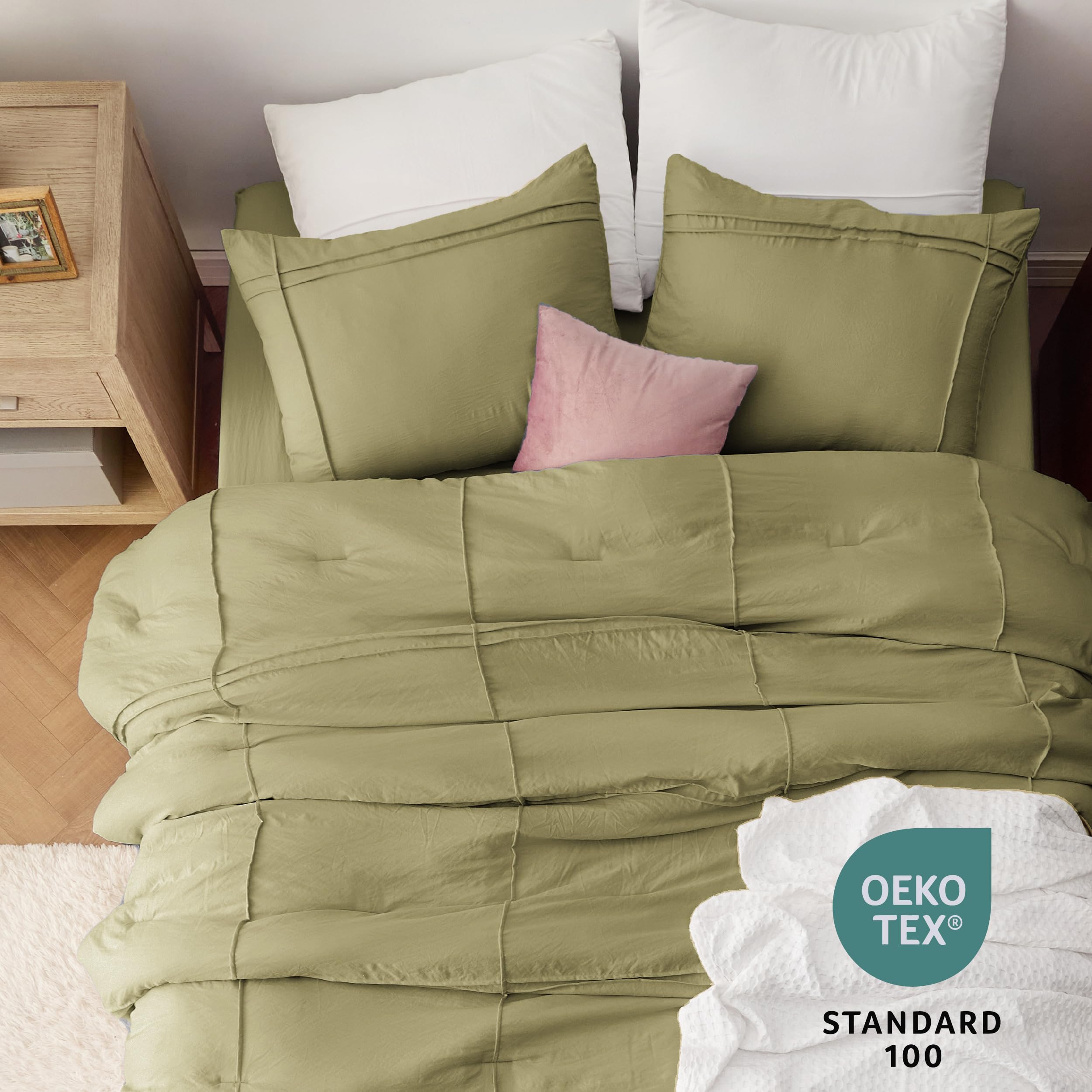 Bedsure Queen Comforter Set With Sheet - 4 Pieces Soft Olive Green Bedding Sets, Grid Pinch Pleat, All Season Lightweight Fluffy Bed Set With Solid Boho Comforter, Pillowcases & Sheet