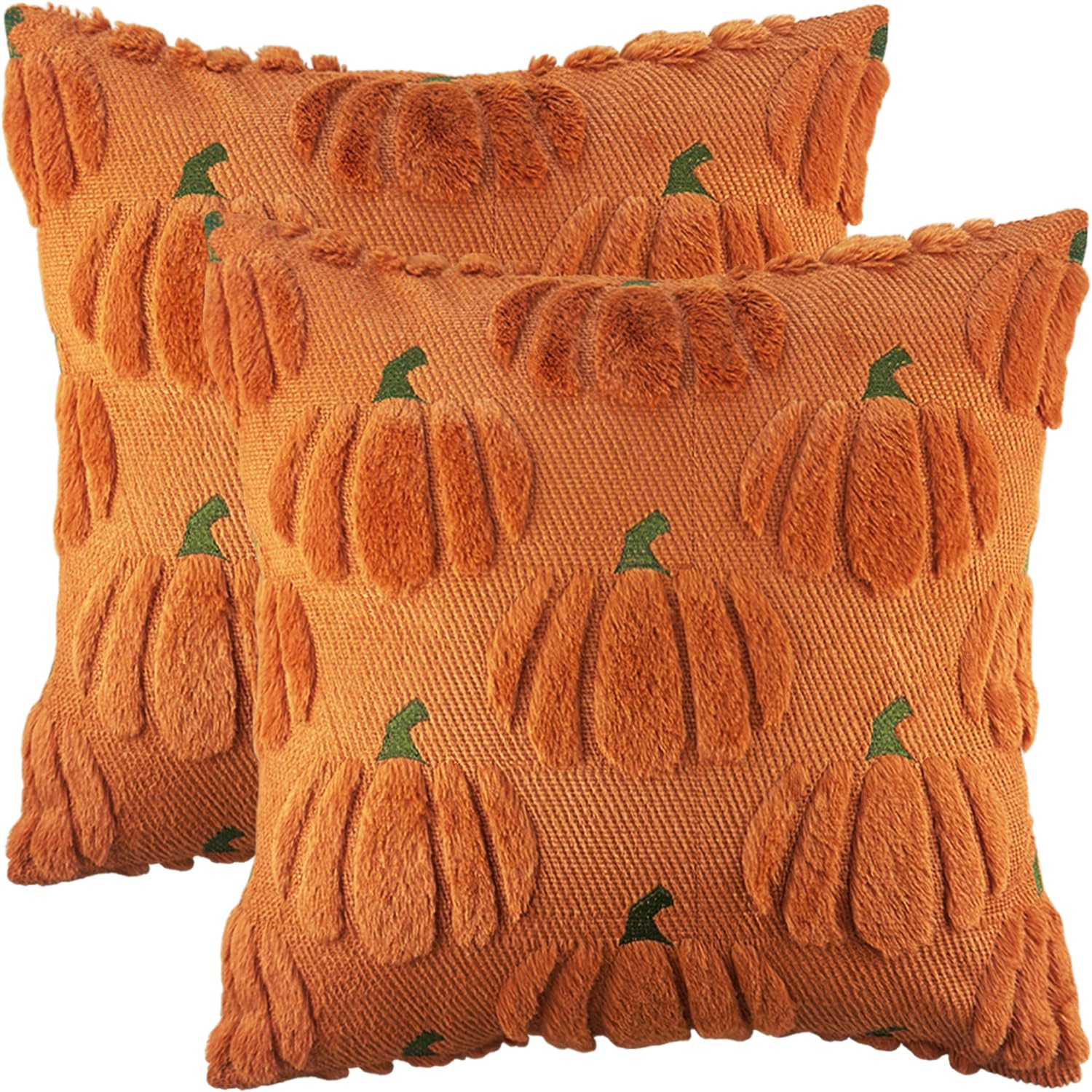 Bunliuys Pumpkin Spring Decorative Pillow Covers 18X18 Set Of 2 Throw Pillow Covers, Faux Fur Square Pillow Cover Fluffy Plush A