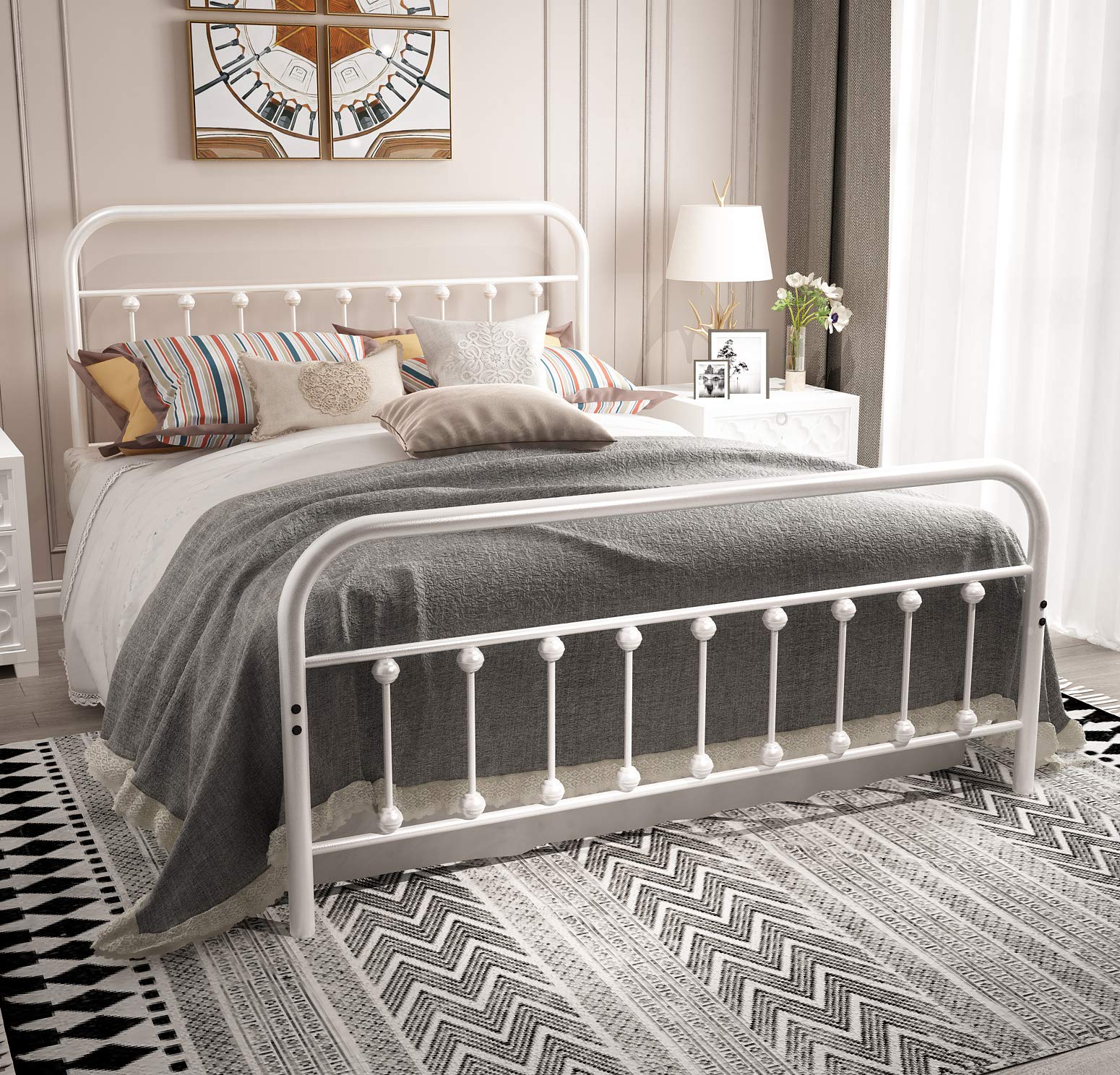 Nachtimoor Queen Platform Metal Bed Frame With Headboard And Footboard,Vintage Victorian Style Mattress Foundation, No Box Spring Required, Under Bed Storage (Queen, White)