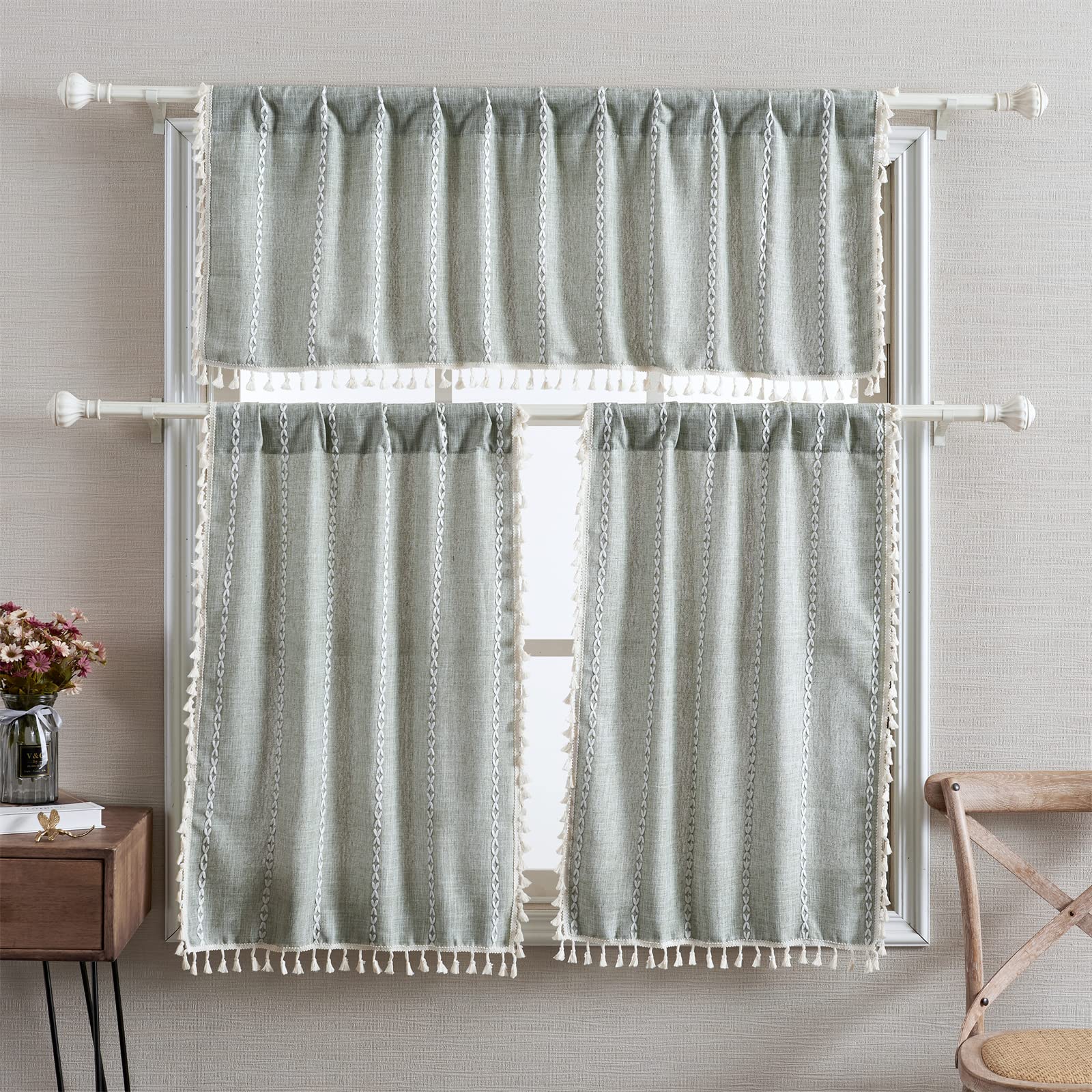 Roomtalks Sage Green Boho Kitchen Valances For Windows Rod Pocket 18’’L X 52’’W Spring Summer French Striped Modern Farmhouse Chic Tassel Curtain Valances For Bathroom Living Room