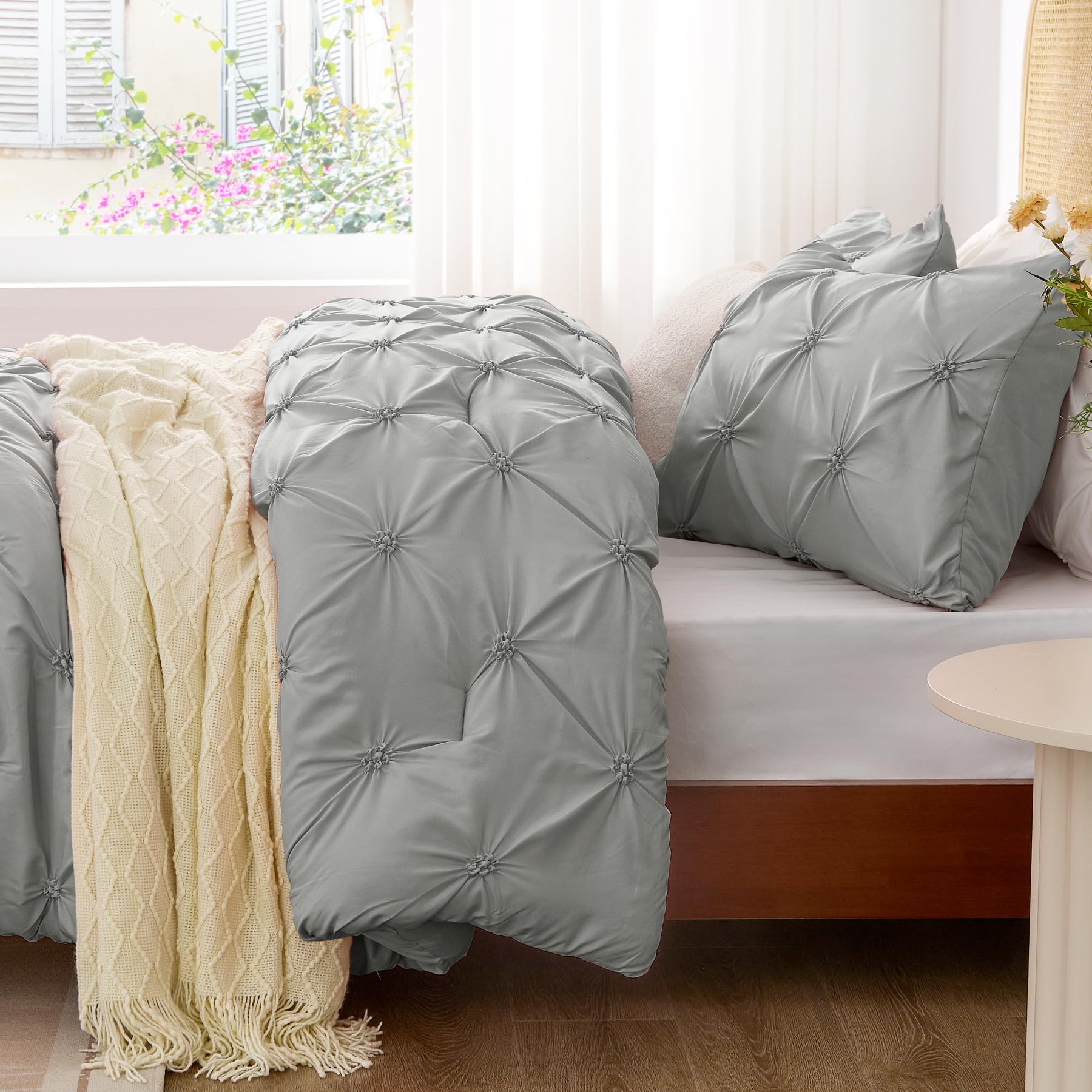 Bedelite Grey Twin Comforter Set For Girls - 2 Peices Boho Pintuck Bedding Comforter Sets, Lightweight Soft & Warm Twin Bedding