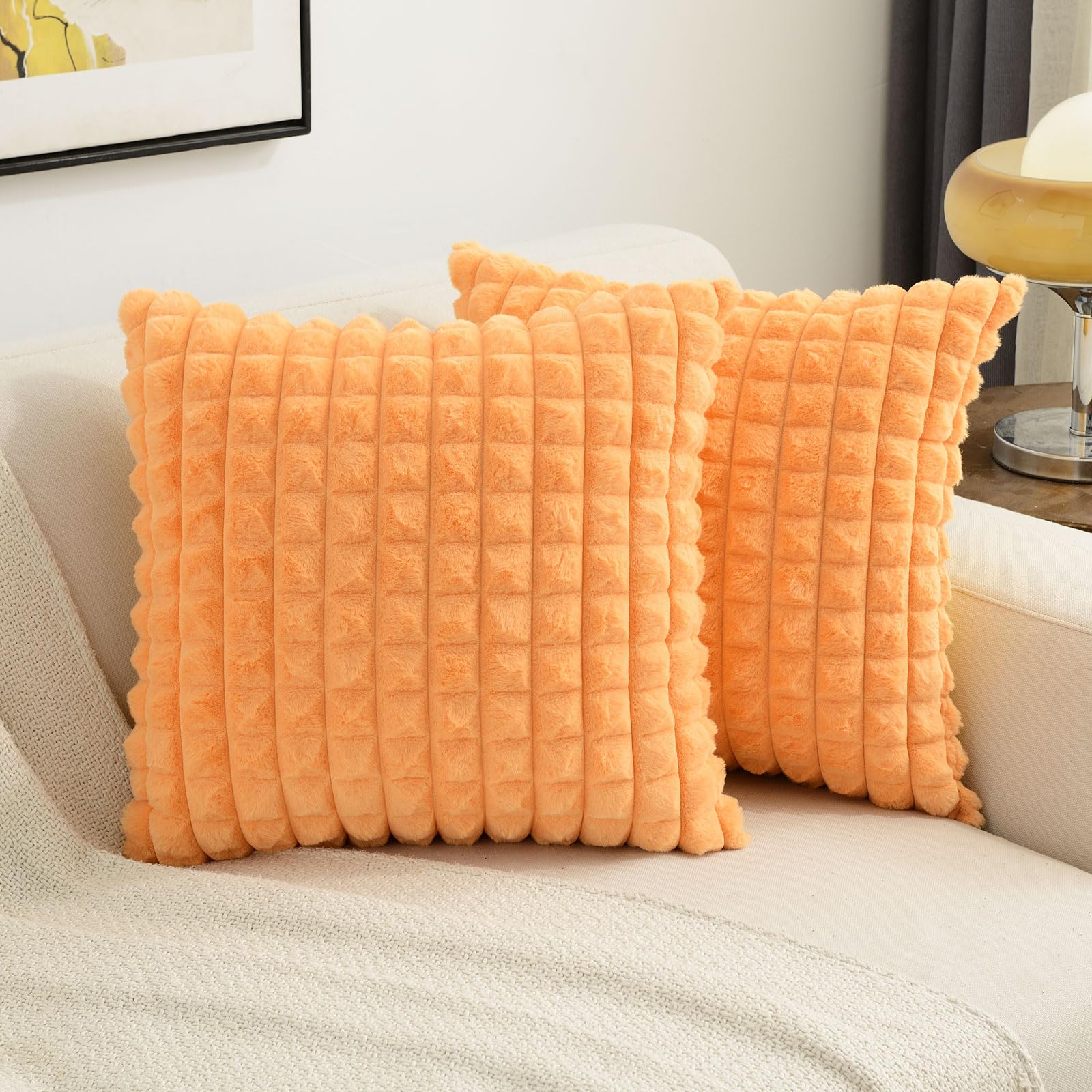 Futei Orange Decorative Throw Pillow Covers 14X14 Inch Set Of 2,Square Cushion Case,Fluffy Faux Rabbit Fur Plaid & Soft Velvet B