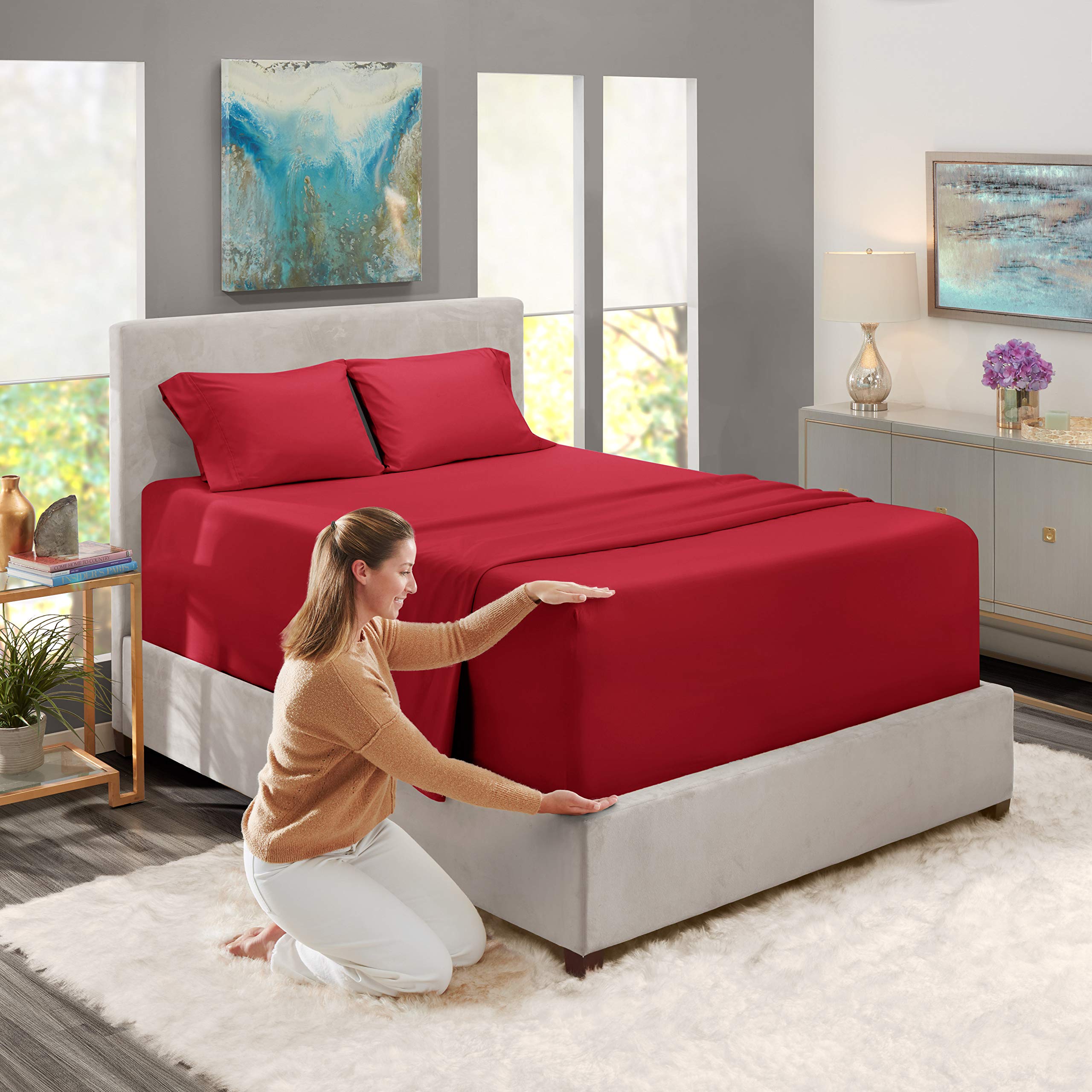 Nestl Extra Deep Pocket Sheets - Fits Mattress 18-24 Inches Deep, Extra Deep Pocket Full Size Sheets Sets, 4 Piece Full Size Sheets, Full Sheets Deep Pocket, Burgundy Red Sheets