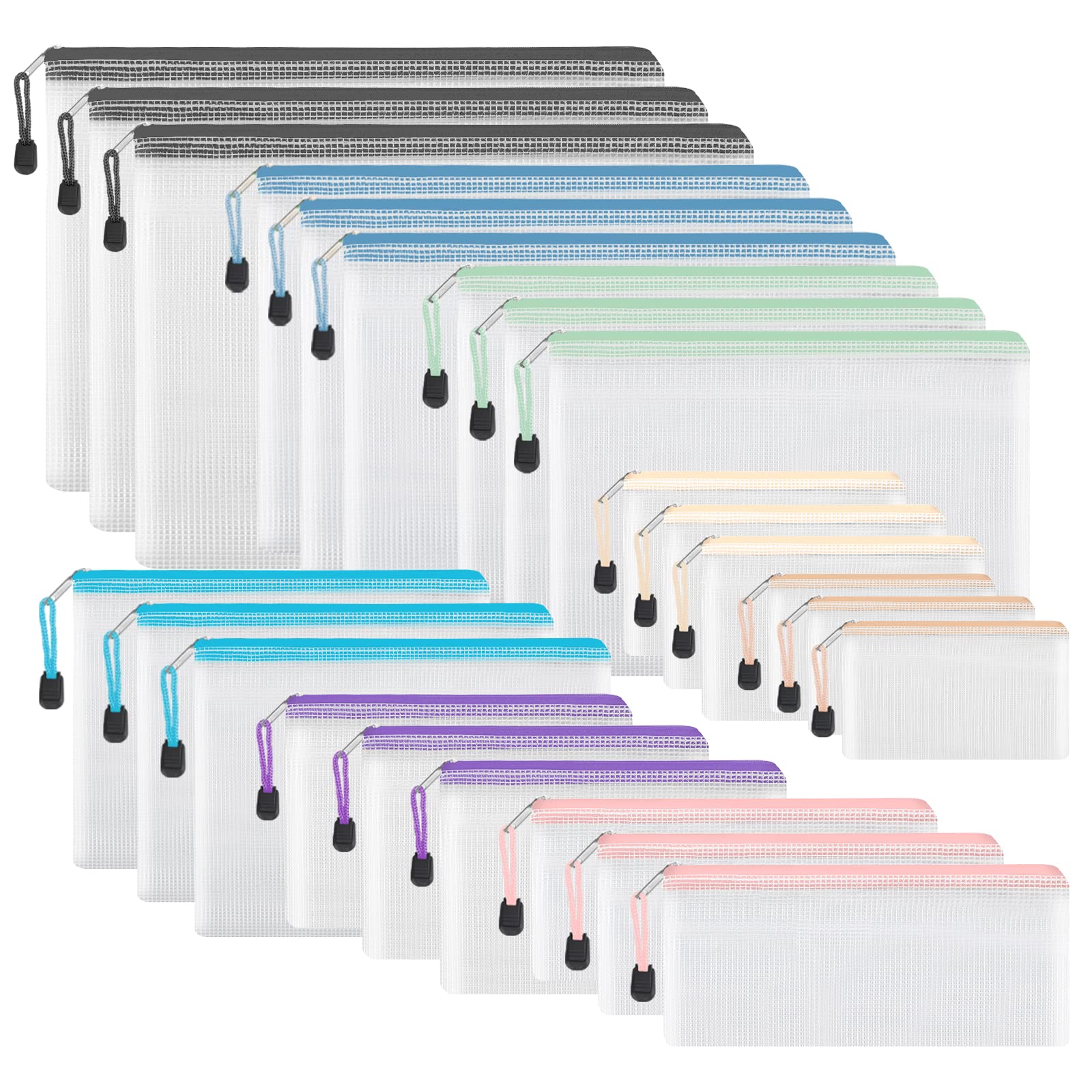 Eoout 24Pcs Mesh Zipper Pouch, Waterproof Zipper Bags, 8 Sizes Plastic Travel Pouch, 8 Colors, Multipurpose For Office Supplies