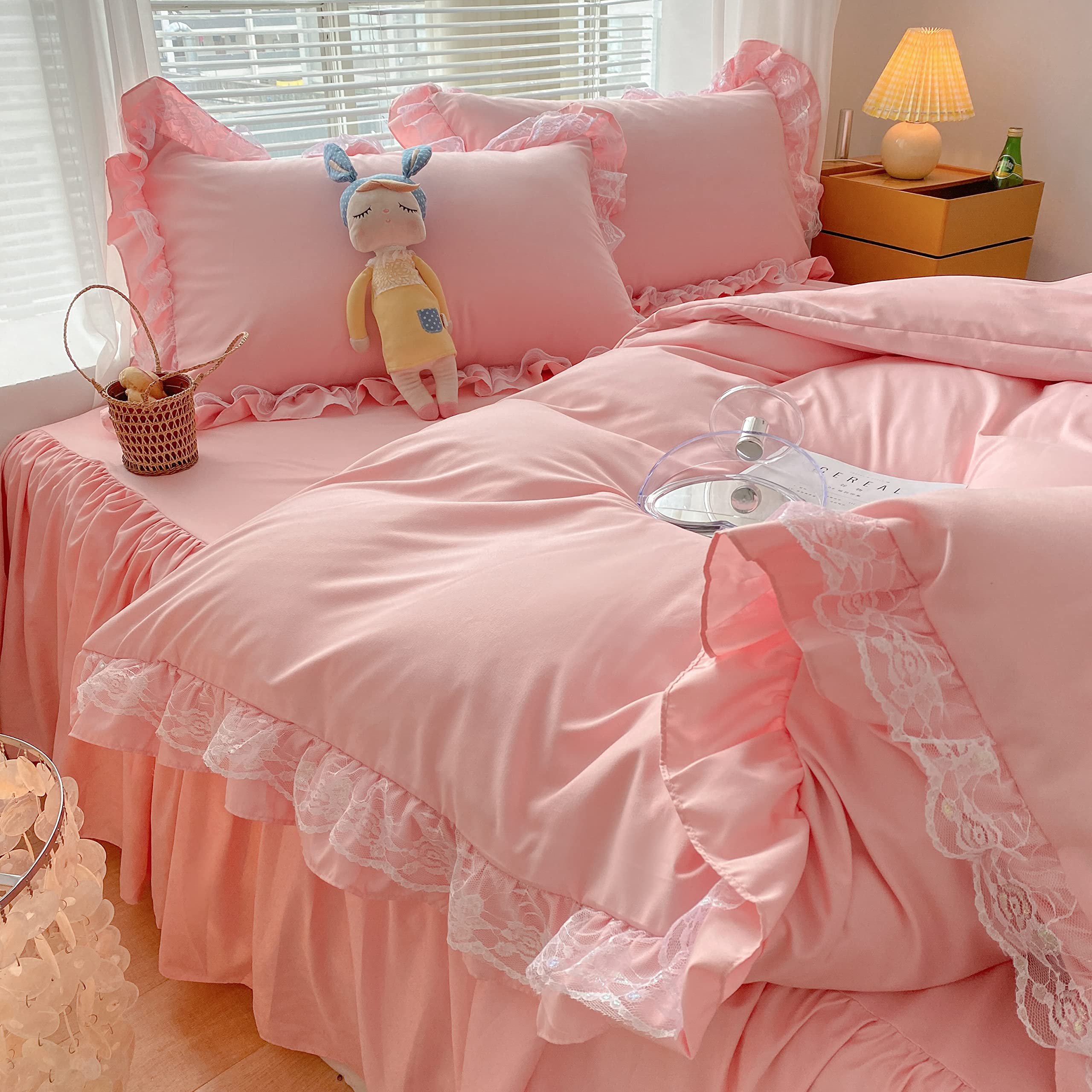 Moowoo Chic Ruffle Lace Polyester Duvet Cover Set -Girl Pink Bedding-3 Piece Full Duvet Cover With Zipper Closure -Ultra Soft An