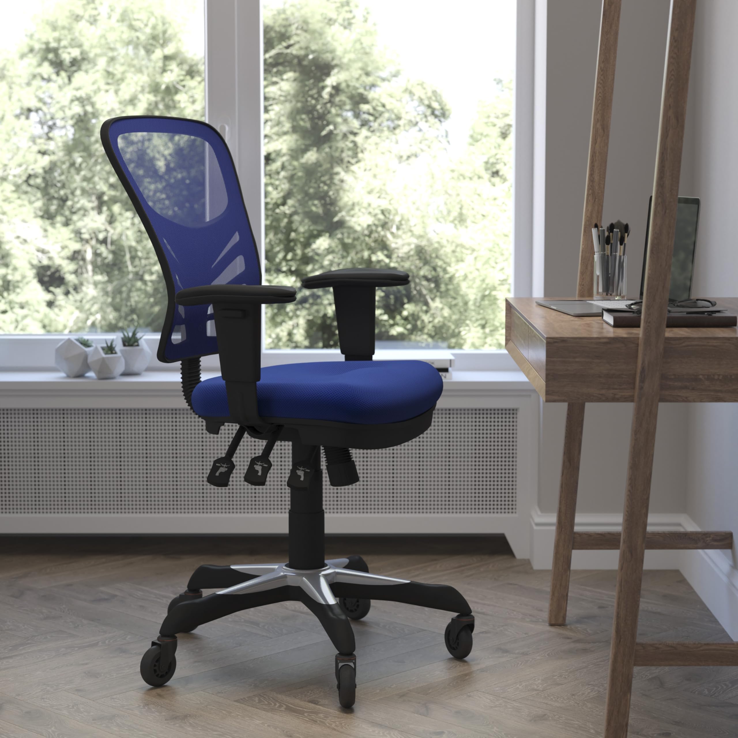 Flash Furniture Nicholas Mid-Back Blue Mesh Multifunction Executive Swivel Ergonomic Office Chair With Adjustable Arms And Transparent Roller Wheels