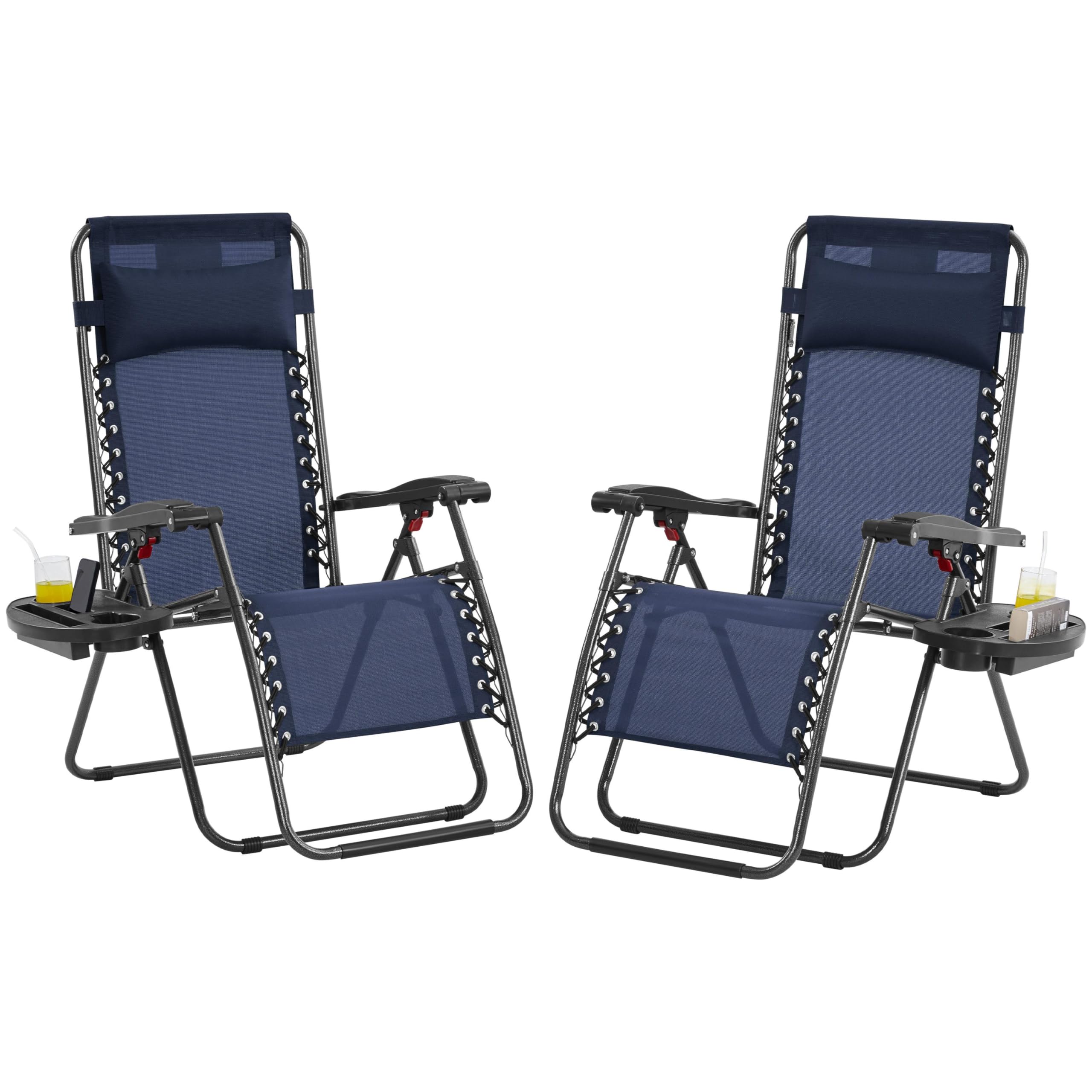 Yaheetech 26' Zero Gravity Recliners Outdoor Adjustable Folding Reclining Lounge Chairs W/Pillows, Cup Holder Trays And Carry Strap For Patio Backyard Beach Navy Blue Set Of 2