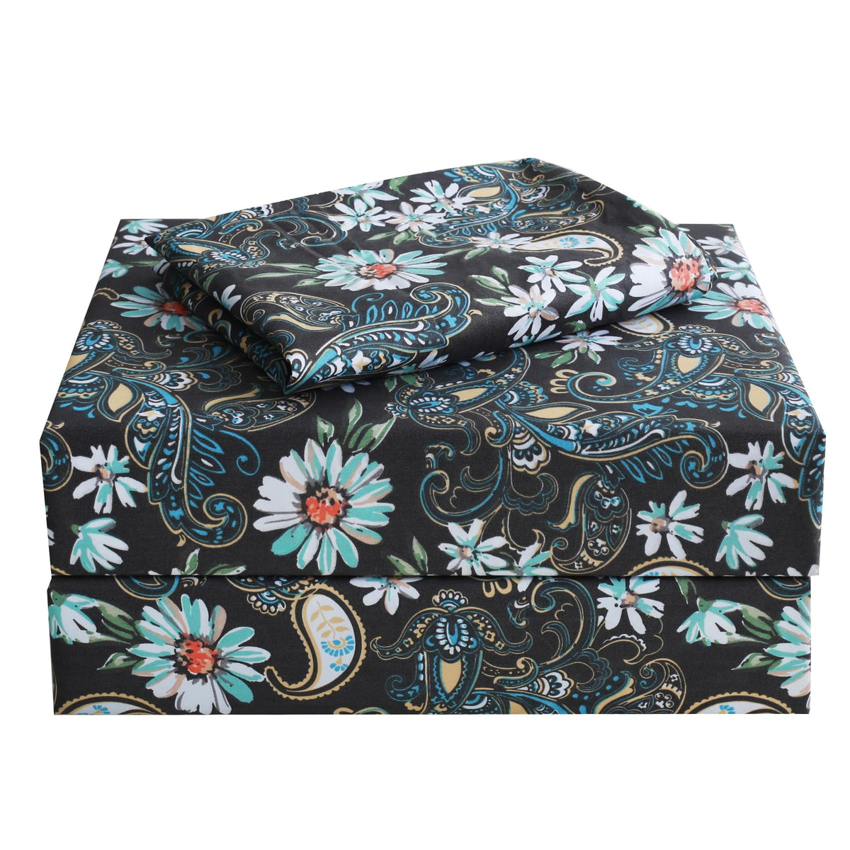 Jsd Black Paisley Floral Printed Sheet Set Twin Size, 3 Piece Soft Pattern Microfiber Sheets Extra Deep Pocket
