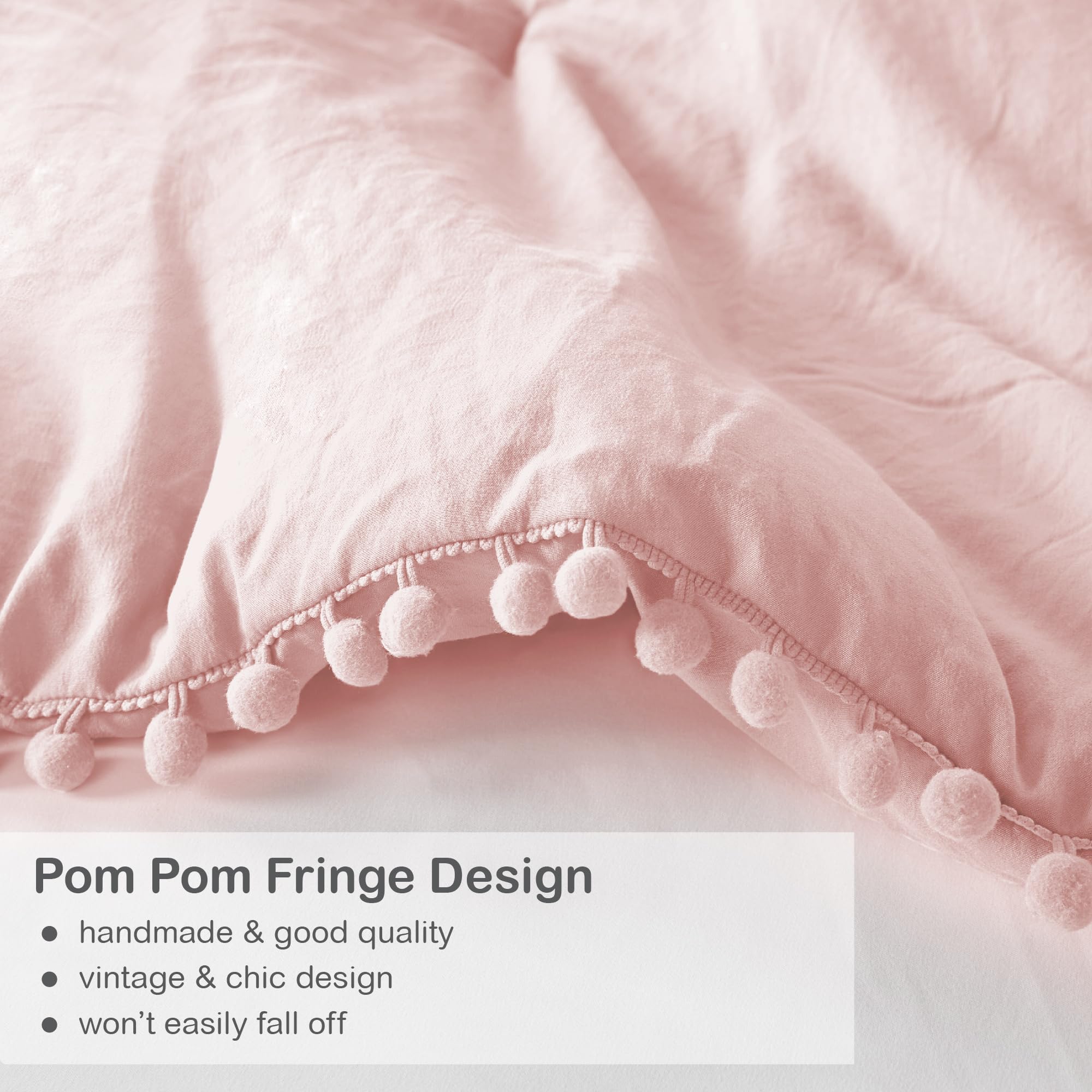 Codi Pink Comforter Set Queen - Boho Aesthetic Pom Fringe Bedding For Teen Girls, Cute Soft Washed Microfiber Blush Bed Sets, Li