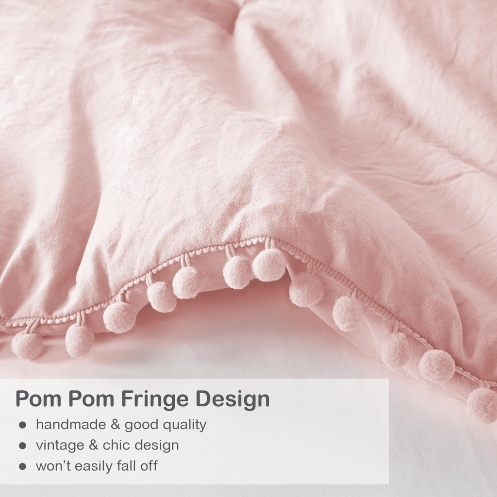 Codi Pink Comforter Set Queen - Boho Aesthetic Pom Fringe Bedding For Teen Girls, Cute Soft Washed Microfiber Blush Bed Sets, Li