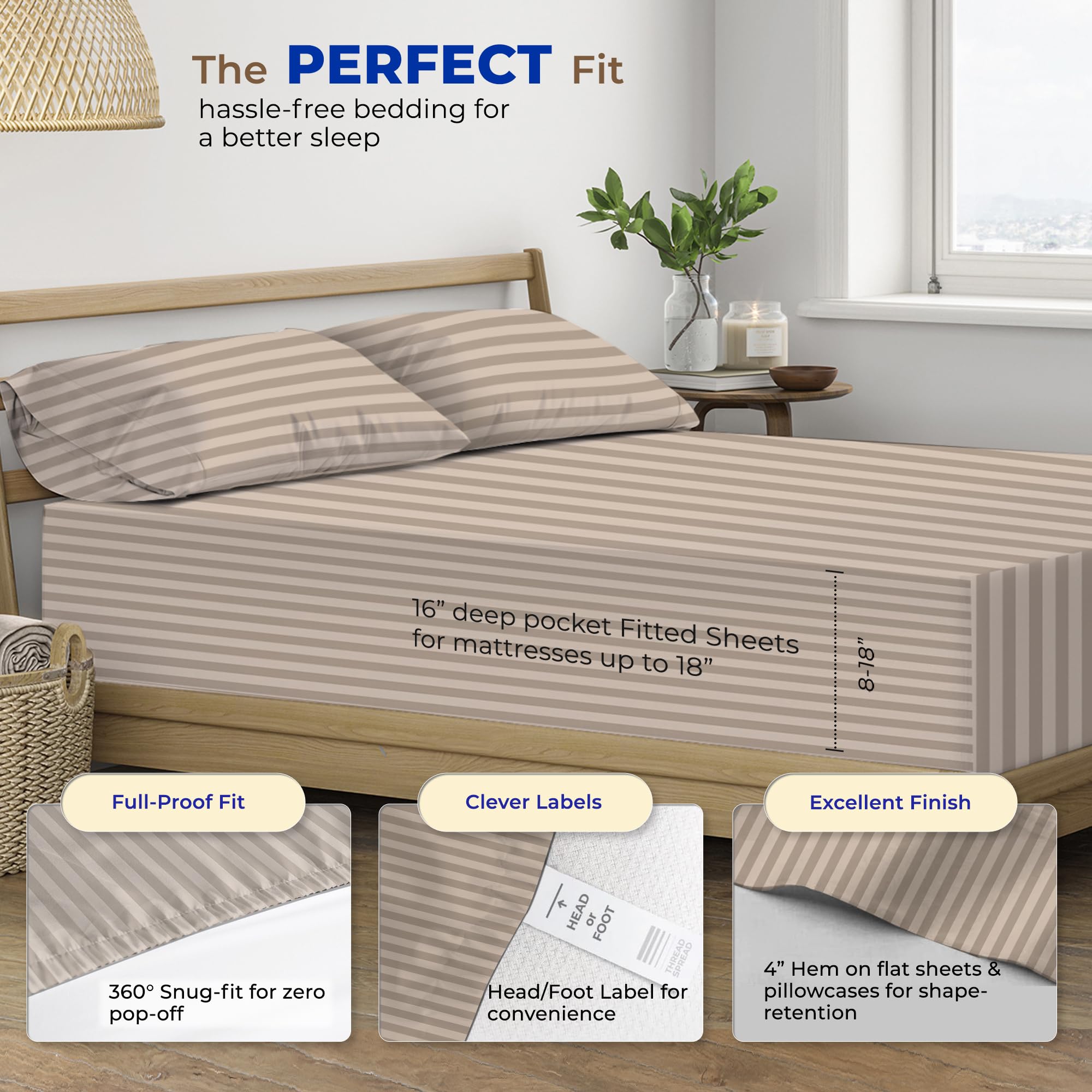 Thread Spread Luxury Egyptian Cotton King Stripe Sheet Set, 600 Thread Count Extra Long Staple 4 Pc Set, King Damask Sheets, Soft, Cooling Sateen Weave Striped Sheets Upto 18' Deep Pocket - Taupe