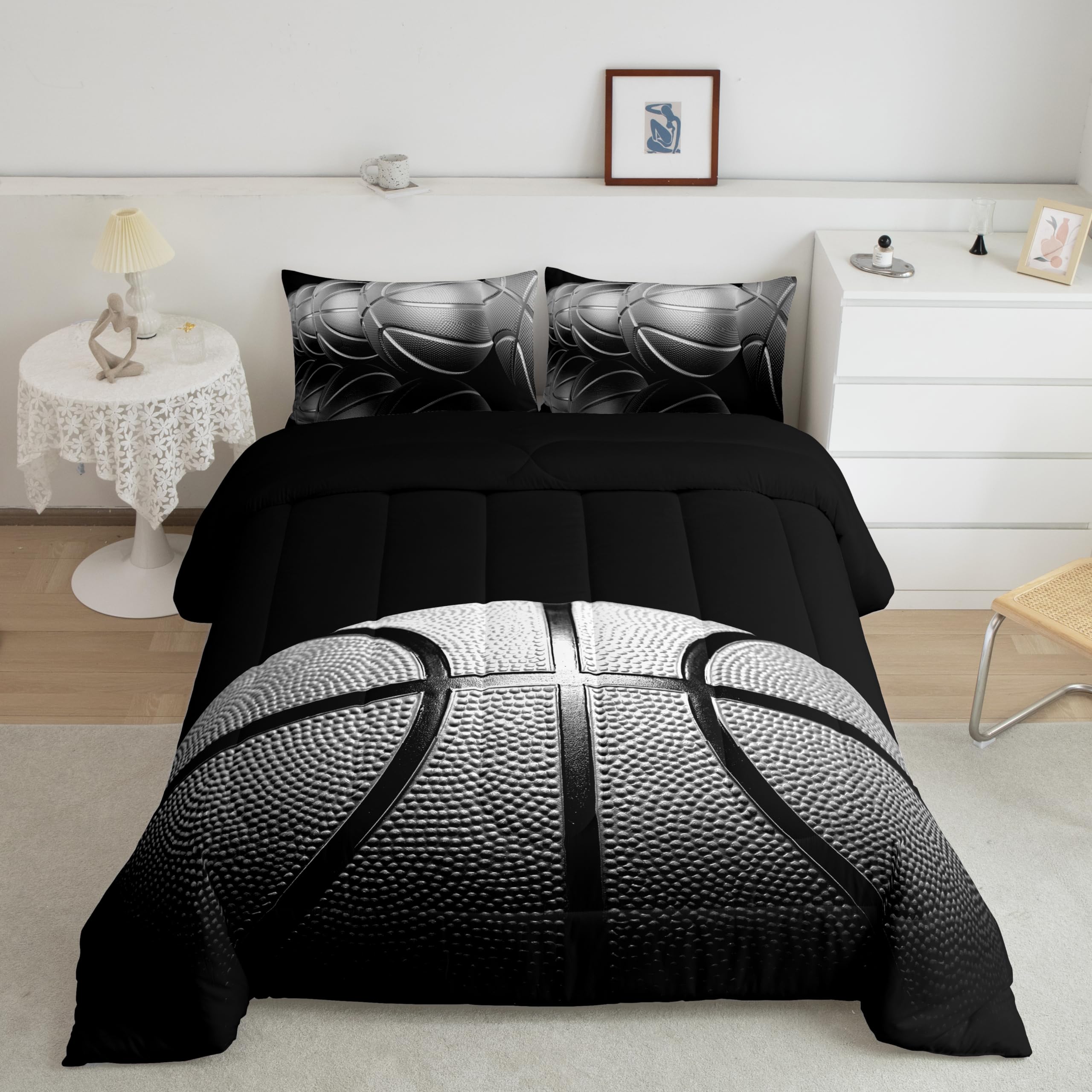 jejeloiu Basketball Comforter Set Full Size Kids Black 3D Ball Comforter for Boys Girls Teens Sports Theme Bedding Set Basketbal