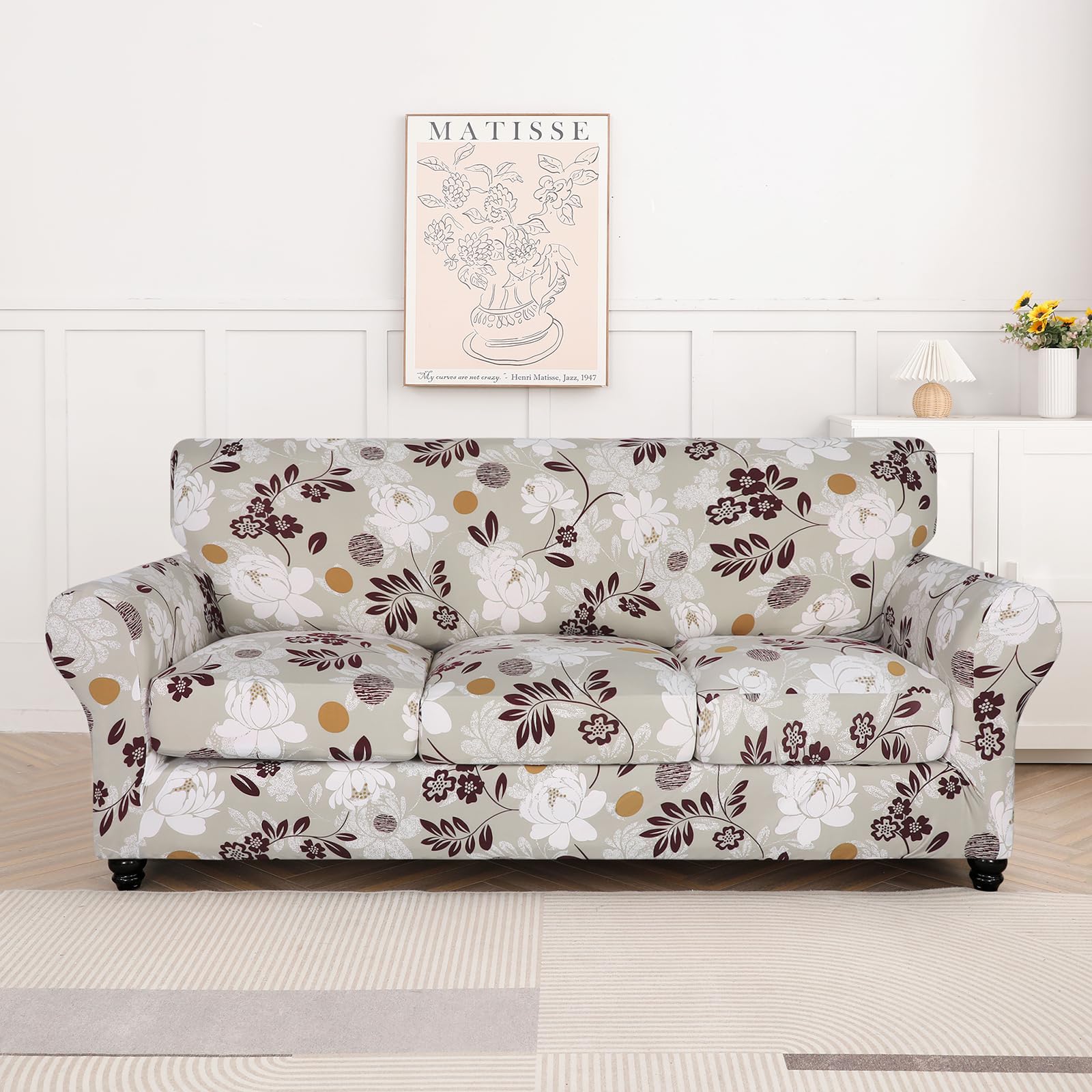 Searchi Stretch Sofa Cover Printed Couch Cover, Floral Pattern 4 Pieces Sofa Slipcover With 3 Separate Cushion Cover, Washable Furniture Protector For Living Room(Sofa, Brown Flowers)
