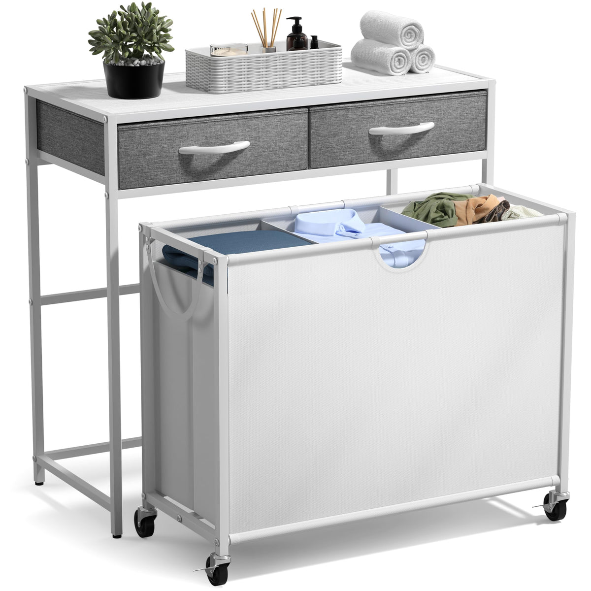 Sorbus Laundry Sorter 3 Section with Shelf, 2 Drawers & Wheels (White)
