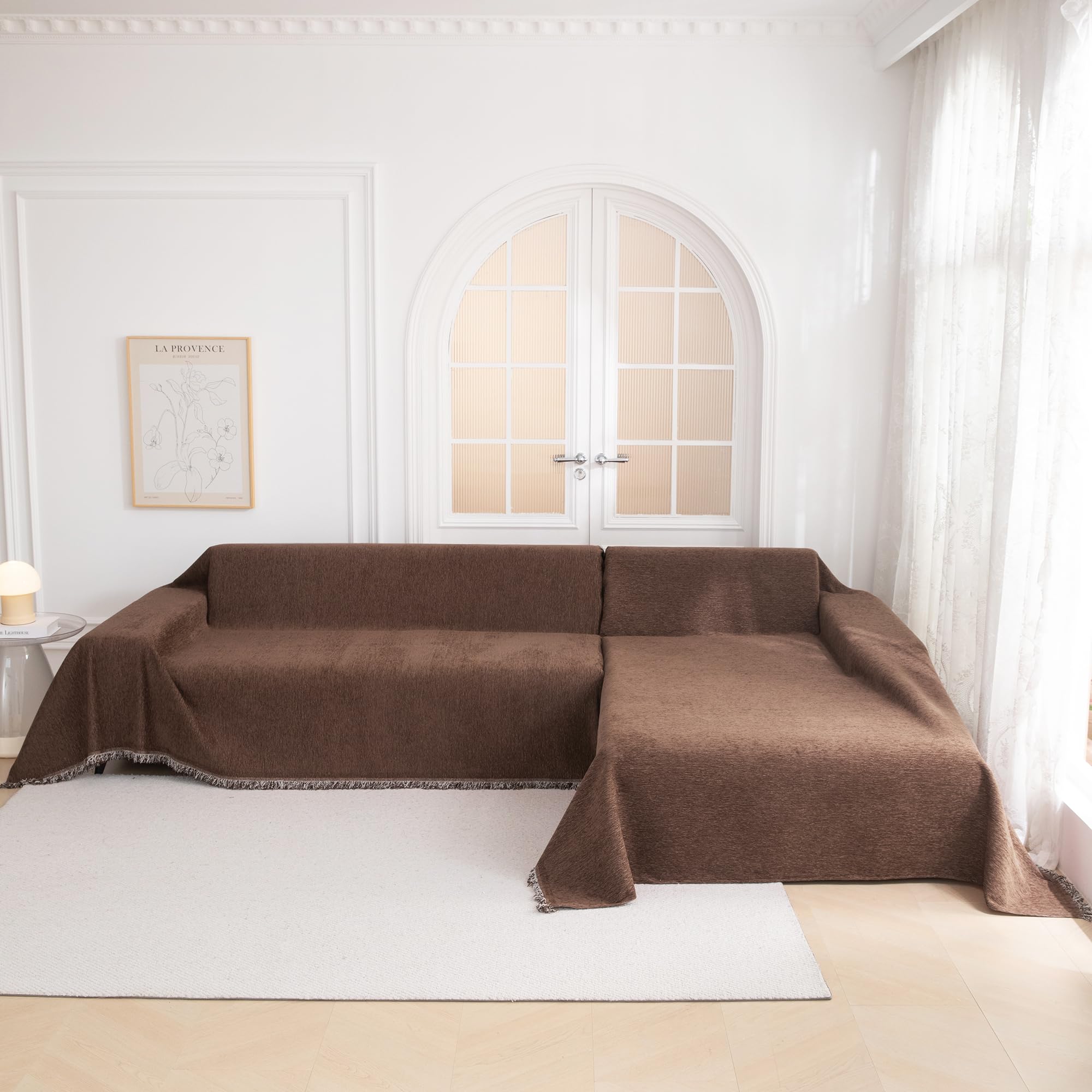 Mysky Home Chocolate Couch Cover Non Slip Dog Sectional Sofa Cover For 3 Cushion Couch Sofa Slipcover With Tassels Futon Cover N