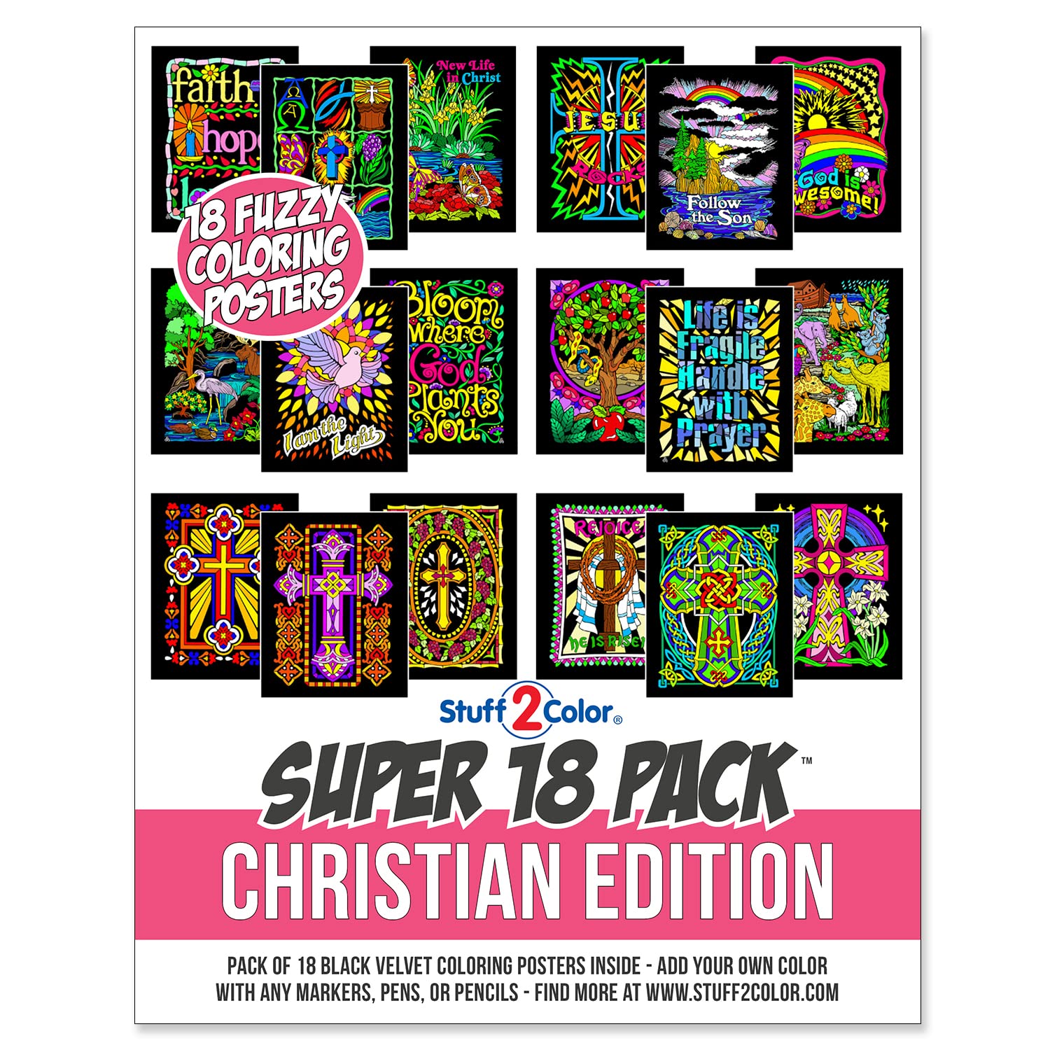 Super Pack Of 18 Fuzzy Velvet Coloring Posters (Christian Edition) - Great For Easter, Religious Gift, Kids Sunday School, Group