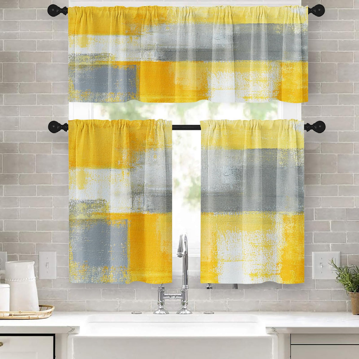 Tayney Grey Yellow Painting Kitchen Curtains Contemporary Gray Window Curtains Valance And Tier Set 36 Inch, Abstract Rod Pocket