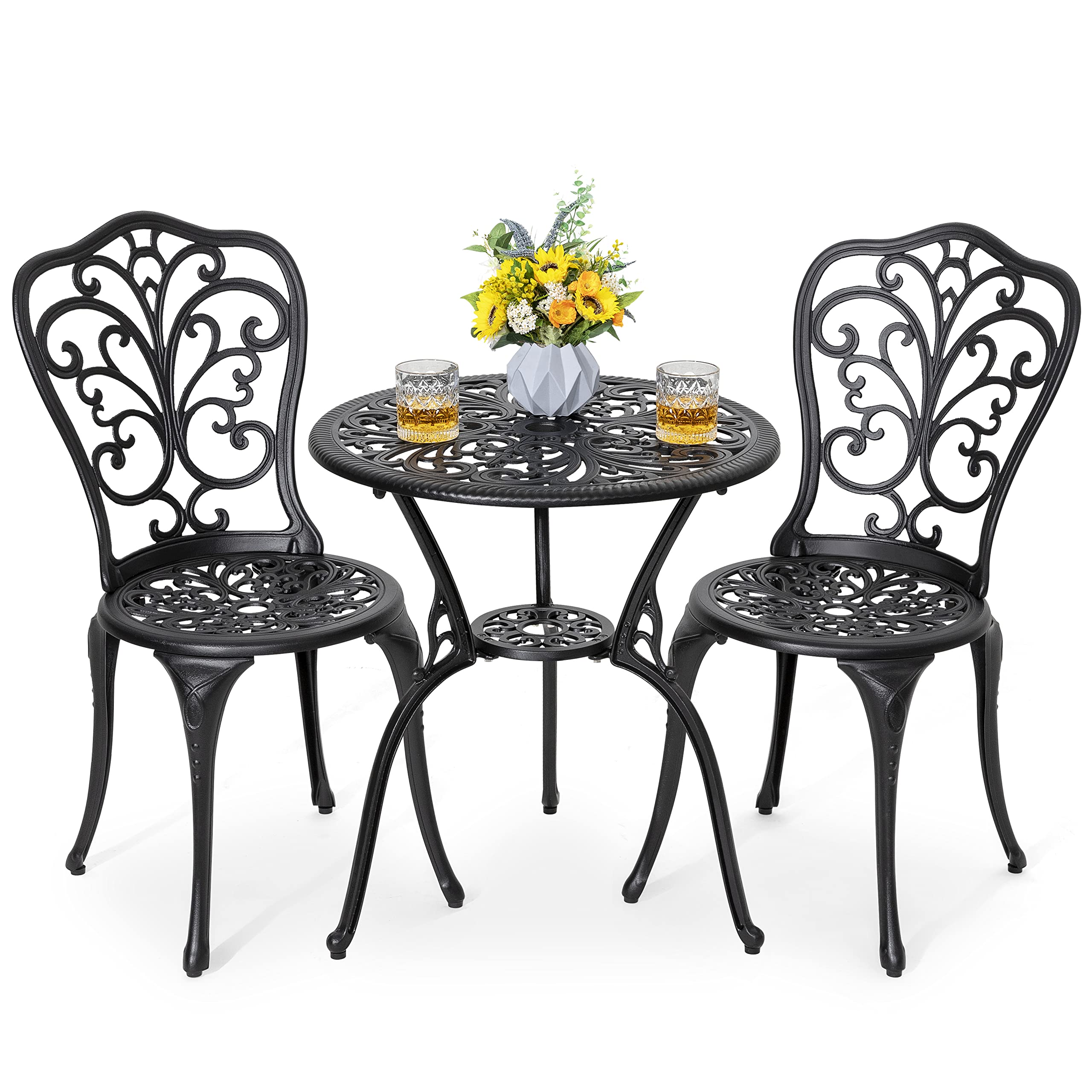 Nuu Garden 3 Piece Bistro Set Outdoor, All Weather Cast Aluminum Patio Bistro Sets Patio Table And Chairs Set Of 2 With Umbrella Hole For Yard, Balcony, Black, Butterfly Backrest