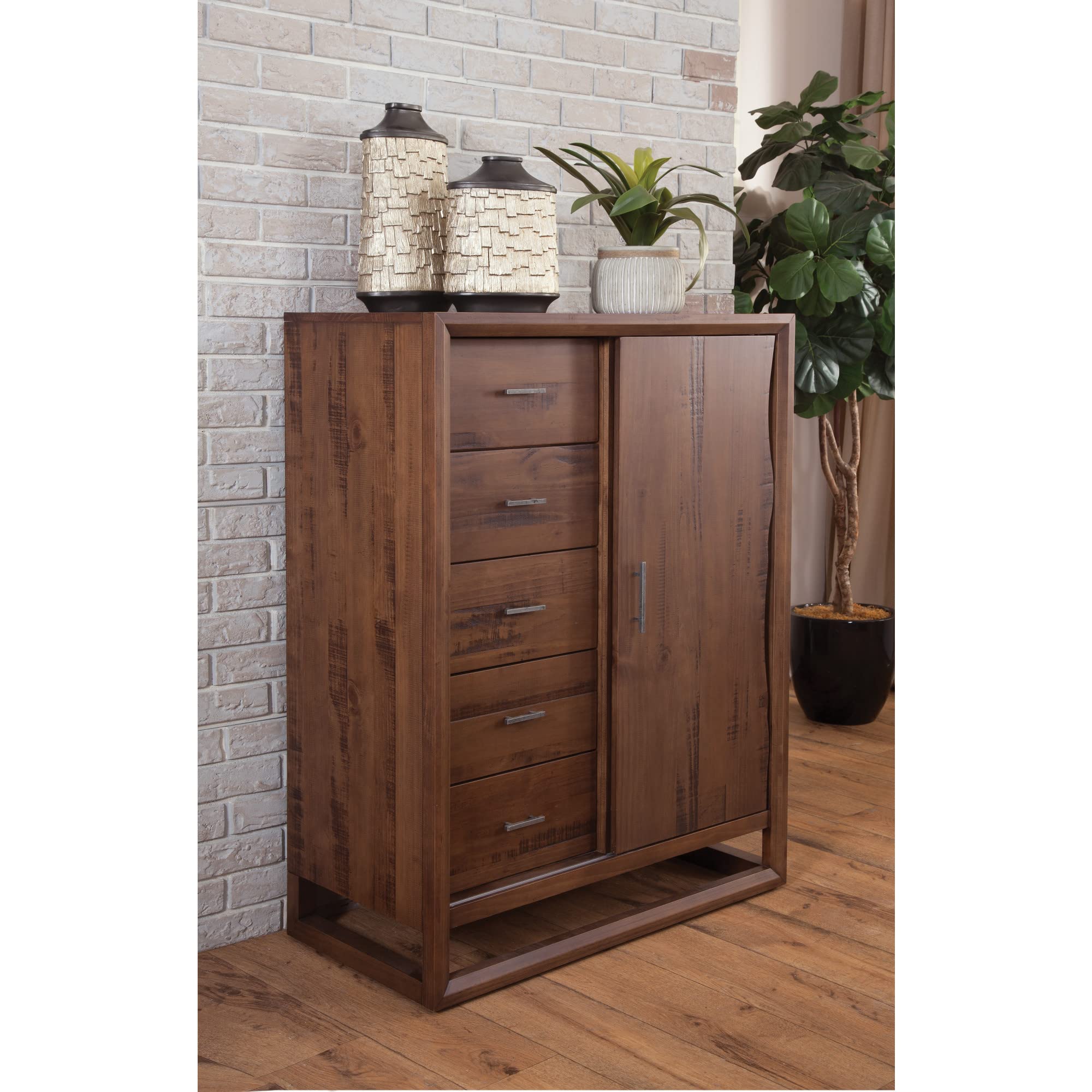 Steve Silver Lofton Gentleman's, Solid Pine, Modern Rustic Style, Five Drawers, Sliding Door, Mocha Finish, Brown Chest, 40 x 52.12 x 20