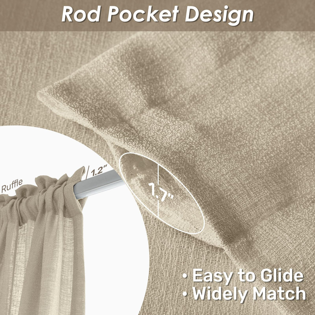 Melodieux Tan Semi Sheer Curtains 84 Inches Long For Living Room, Bedroom Linen Look Rod Pocket Window Privacy Sheer Drapes, 52'