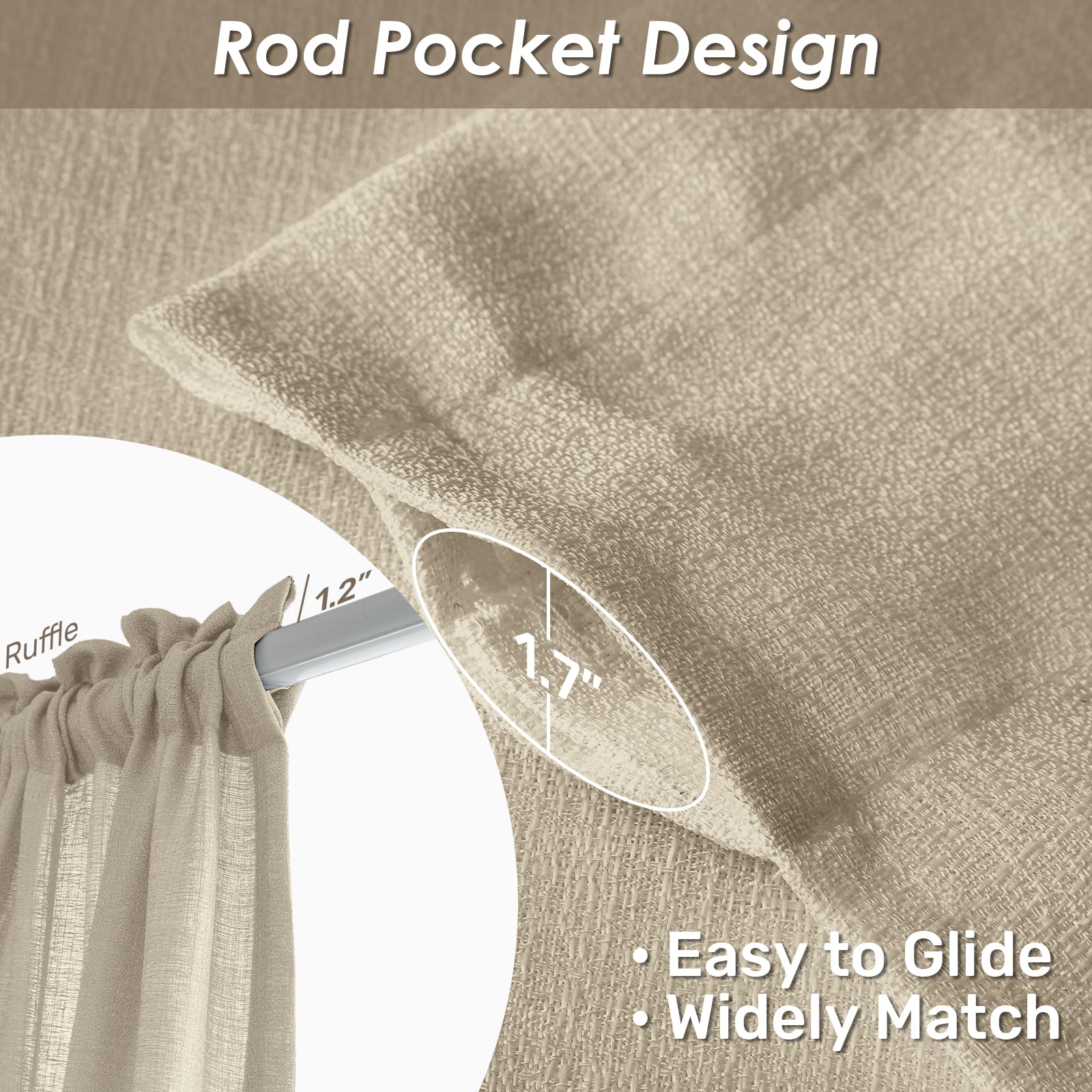 Melodieux Tan Semi Sheer Curtains 84 Inches Long For Living Room, Bedroom Linen Look Rod Pocket Window Privacy Sheer Drapes, 52'