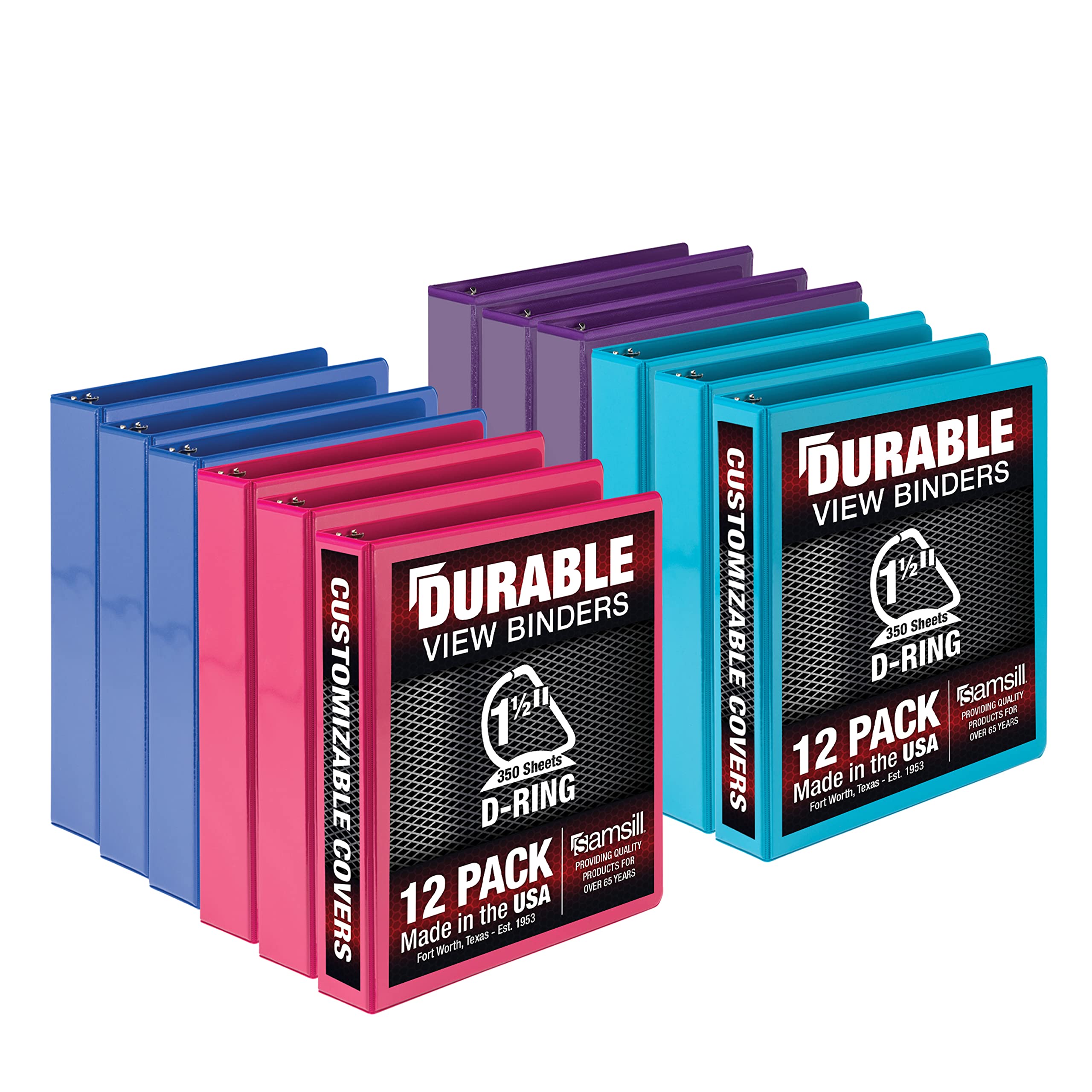 Samsill Durable 1.5 Inch . , Made In The Usa, D Ring . , Customizable Clear View . , Fashion Assortment, 12 Pack, Each Holds 350