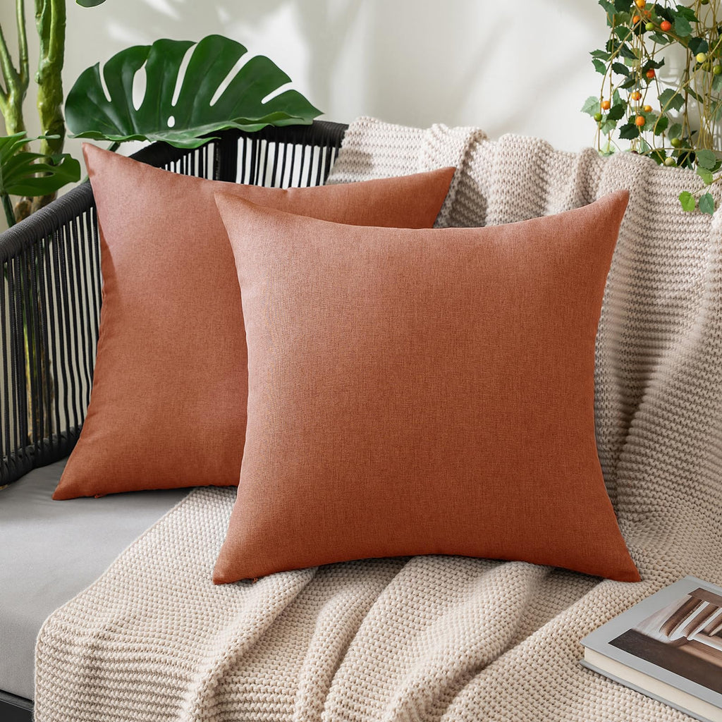 Miulee Pack Of 2 Decorative Outdoor Solid Waterproof Throw Pillow Covers Polyester Linen Garden Farmhouse Cushion Cases For Patio Tent Balcony Couch Sofa 22X22 Inch Rust