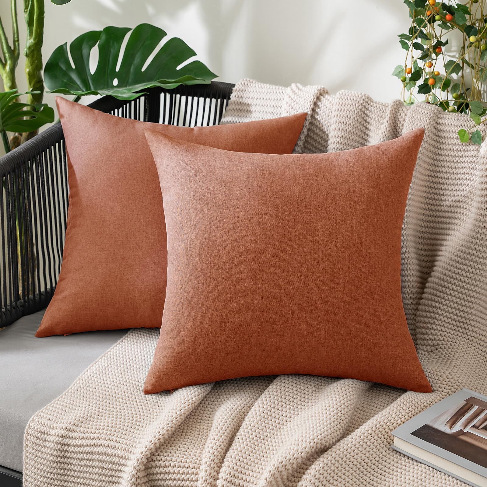 Miulee Pack Of 2 Decorative Outdoor Solid Waterproof Throw Pillow Covers Polyester Linen Garden Farmhouse Cushion Cases For Patio Tent Balcony Couch Sofa 22X22 Inch Rust