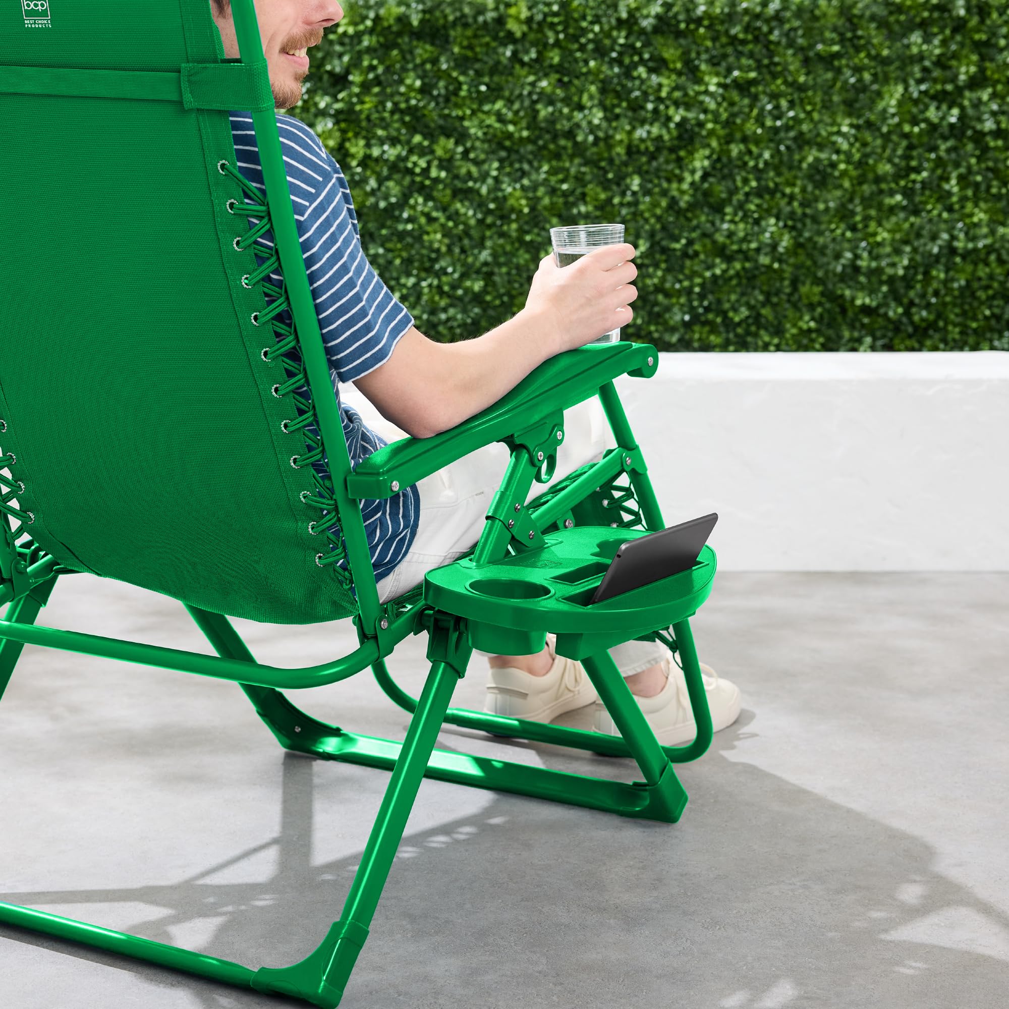Best Choice Products Adjustable Zero Gravity Chair, Monochromatic Color Folding Patio Recliner W/Side Tray, Headrest - Basil