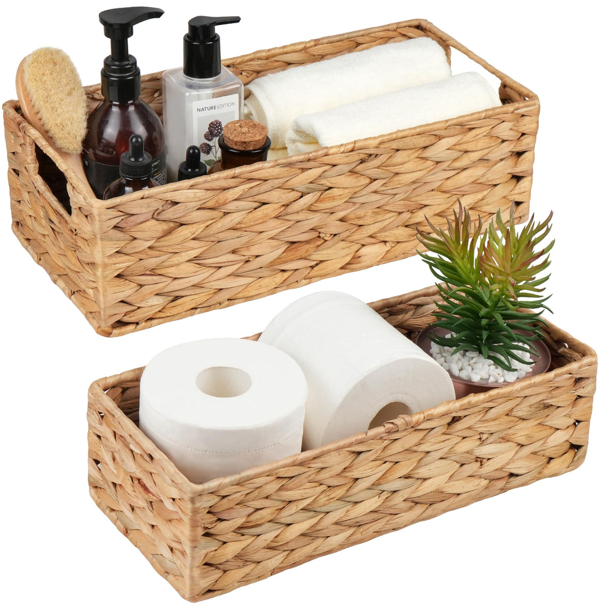 LotFancy Bathroom Basket, 2 Pack Water Hyacinth Toilet Paper Basket, Hand Woven Back of Toilet Organizer for Toilet Tank Top Cou