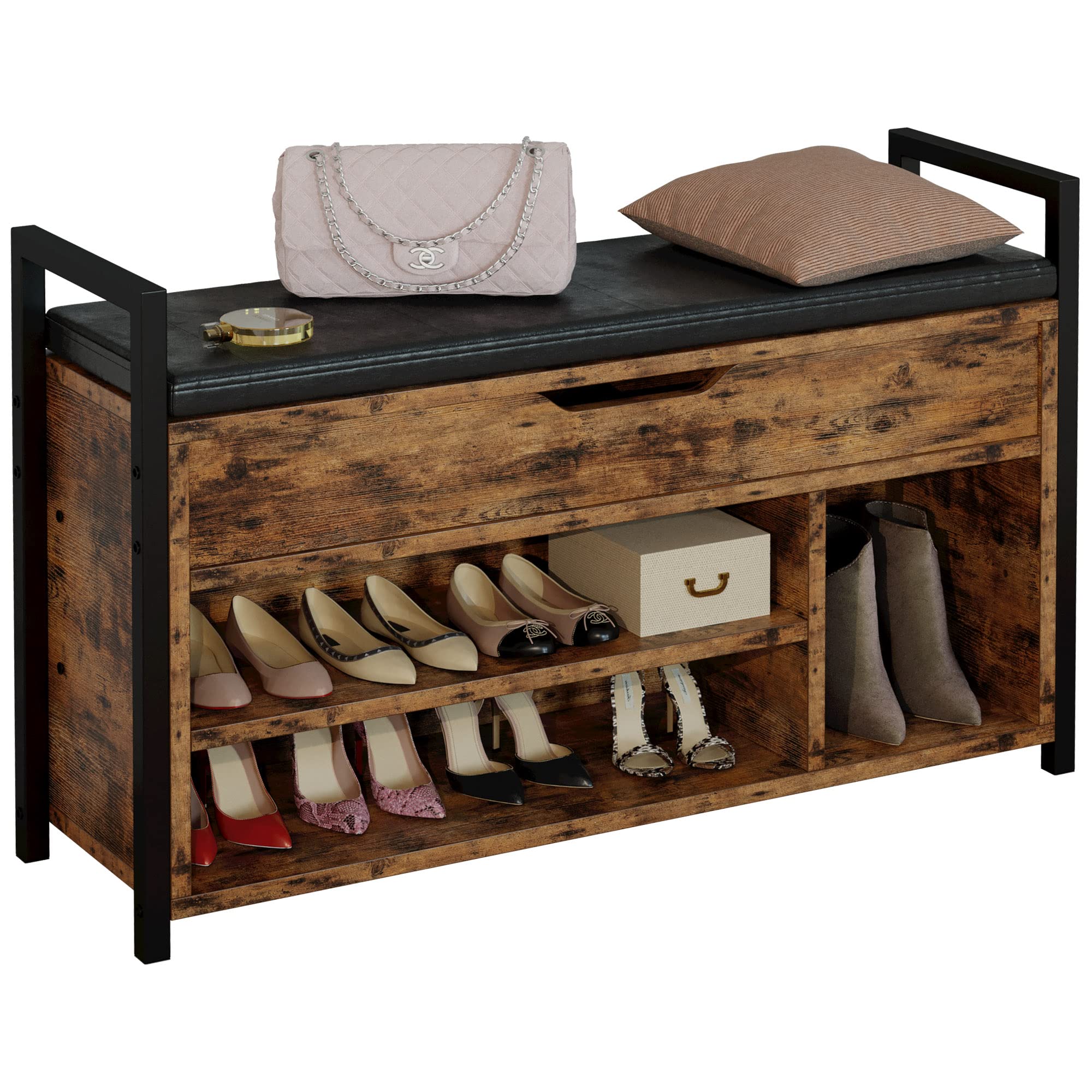 IRONCK Shoe Storage Bench, Entryway Bench with Lift Top Storage Box, Metal and Board Bench for Entryway, Two Tier Shoe Rack Orga