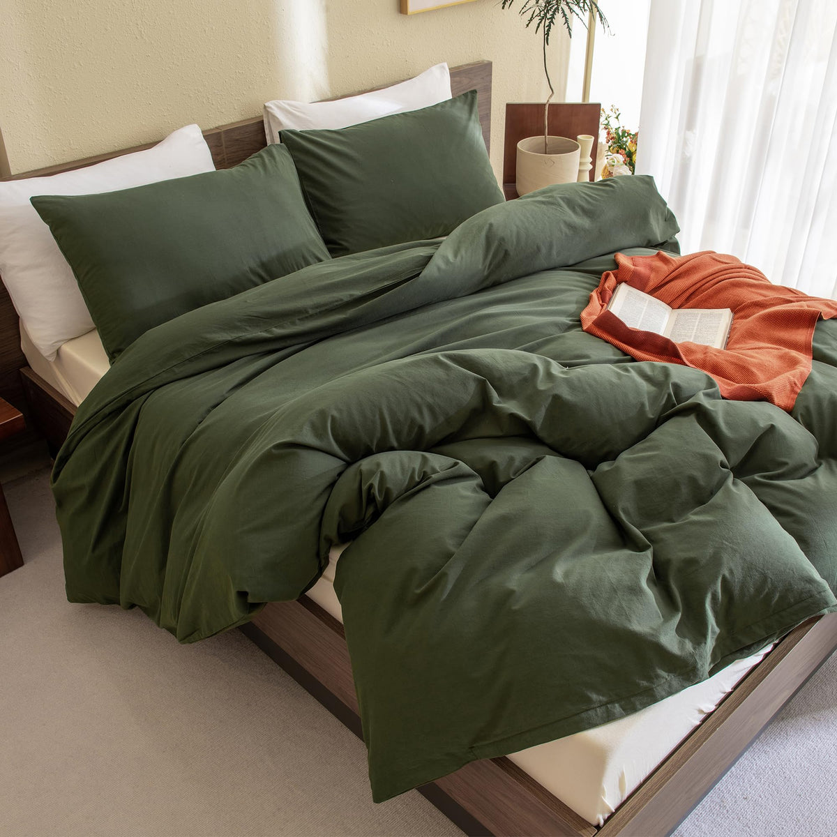Cozytide Olive Green Comforter Set King (104  90 Inch),100% Cotton Dark Green Bedding Set, 3 Pieces(1 Comforter And 2 Pillowcase