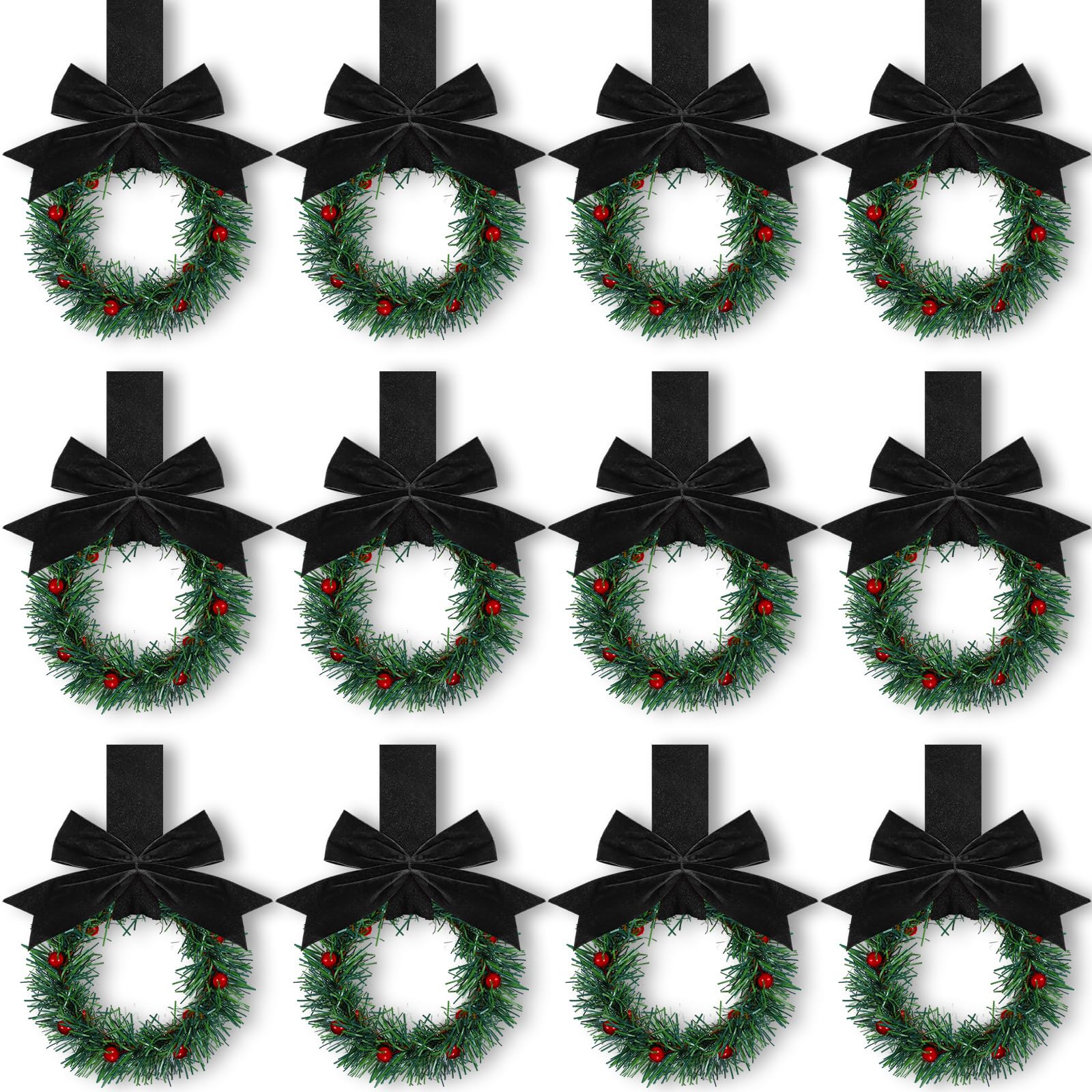 Retrowavy 12 Pcs Christmas Kitchen Cabinet Wreaths with Ribbon Mini Christmas Wreath Small Kitchen Wreath Greenery Wreath for Wi