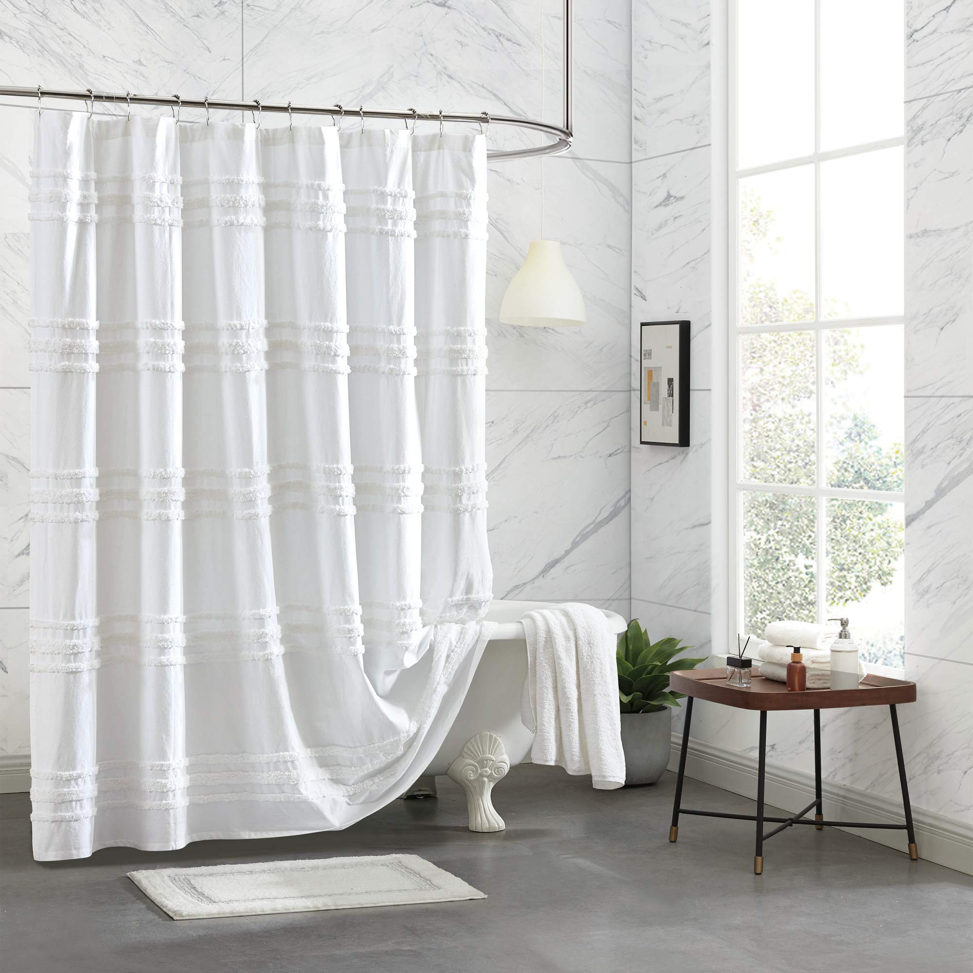 Dkny Chenille Stripe 100% Cotton Fabric Shower Curtain For Bathroom, 72 X 72 Inches, White