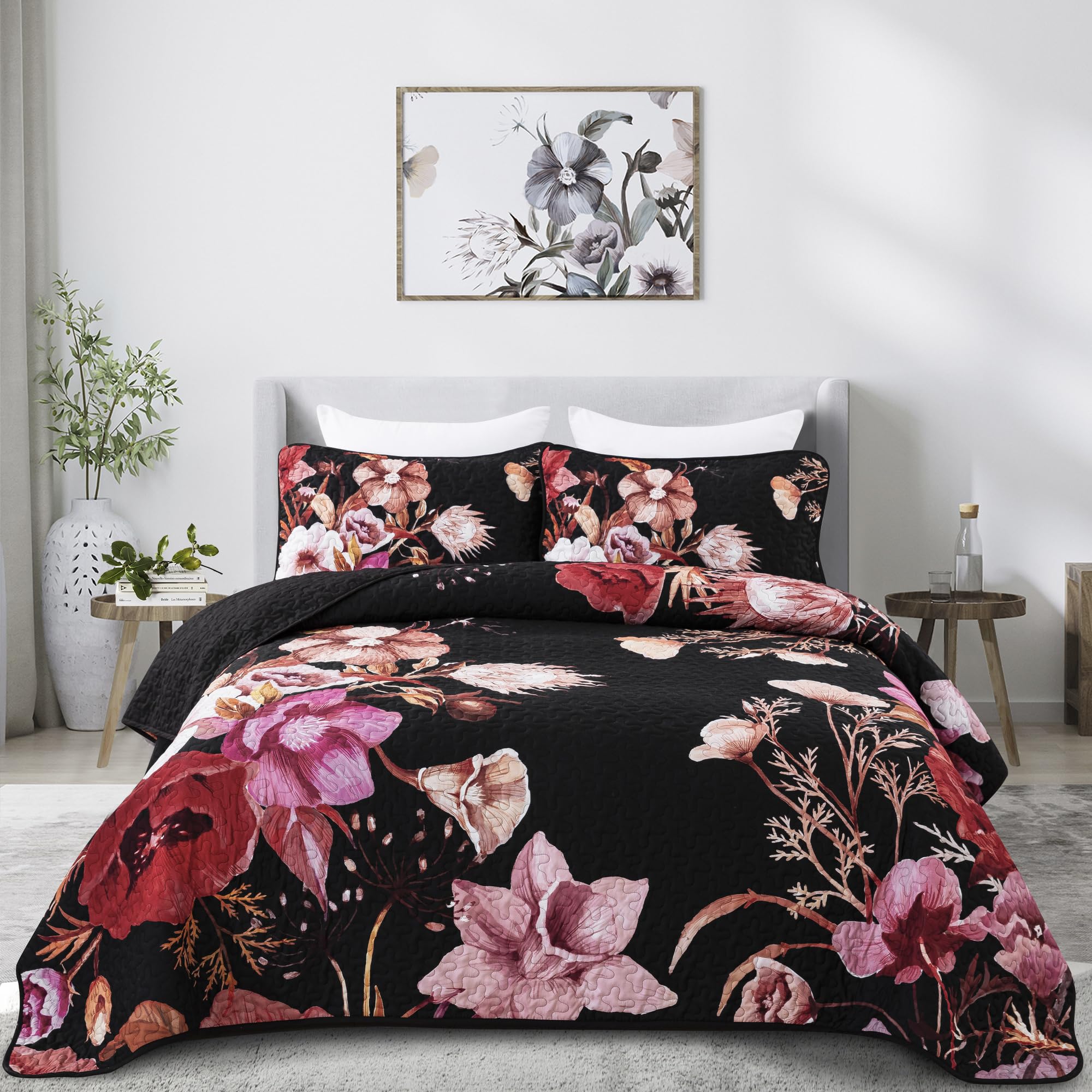 Drucon Floral Quilt Set Queen 3 Pieces Red Floral Quilt Coverlet Set Soft Microfiber Lightweight Black Quilted Bedspread For All