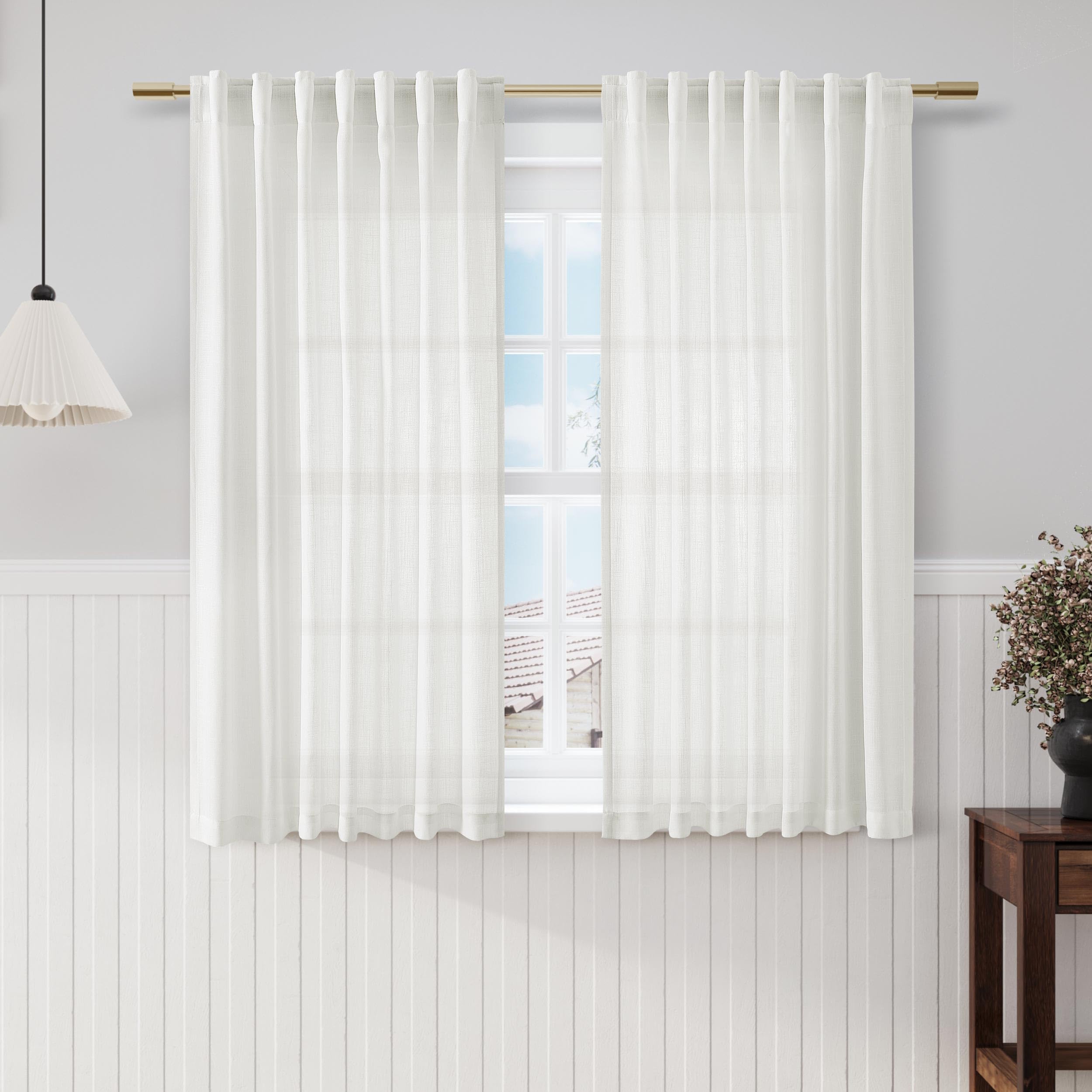 Nanspring Off White Cafe Curtains 54 Inch Length Set 2 Panel Back Tab Pocket Semi Sheer Short Linen White Curtain Tiers For Smal