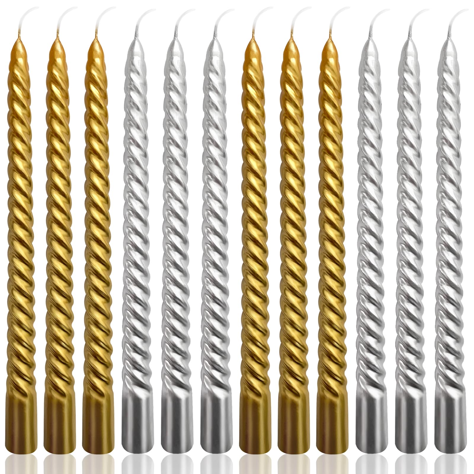 10 Inch Spiral Taper Candles Set for Christmas, 6 Gold and 6 Silver Unscented Twisted Candlesticks, Dripelss Thin Tapered Candle