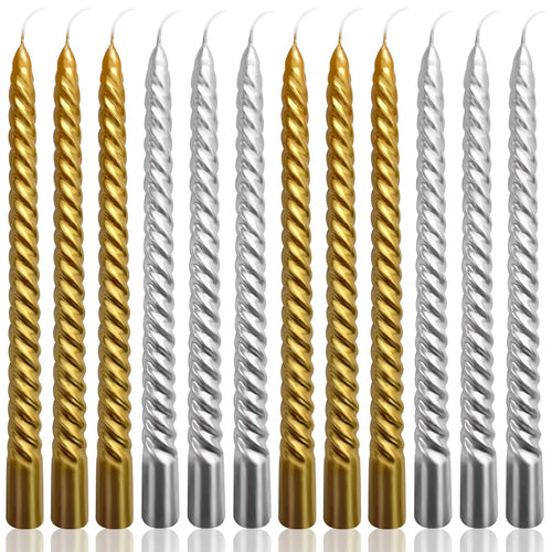 10 Inch Spiral Taper Candles Set for Christmas, 6 Gold and 6 Silver Unscented Twisted Candlesticks, Dripelss Thin Tapered Candle
