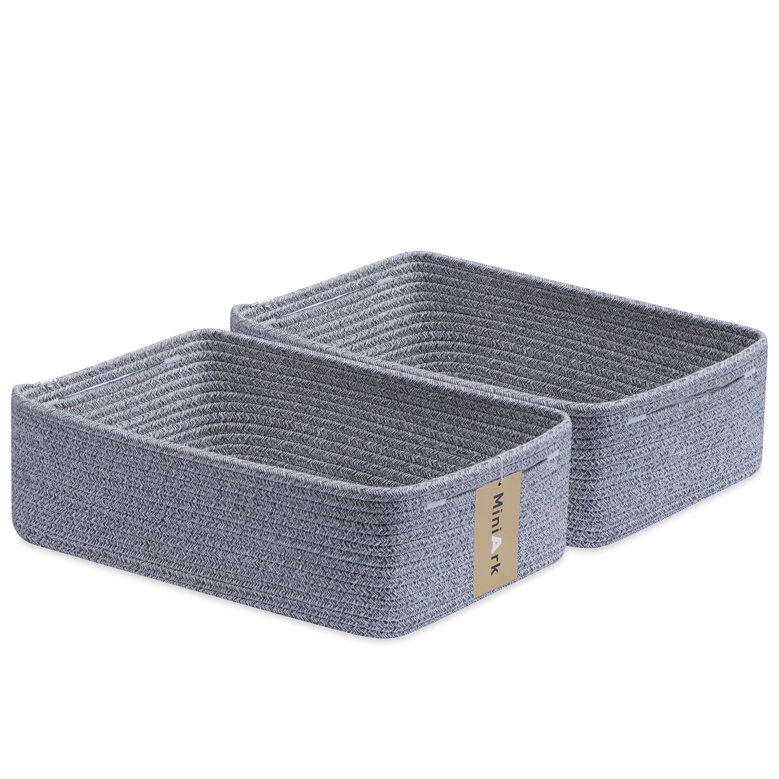 MiniArk Large Shallow Organizing Baskets 15x11x5.1 Inches - Rope Woven Storage Bins for Bathroom, Shelves, Cube Closet, Mixed Gr