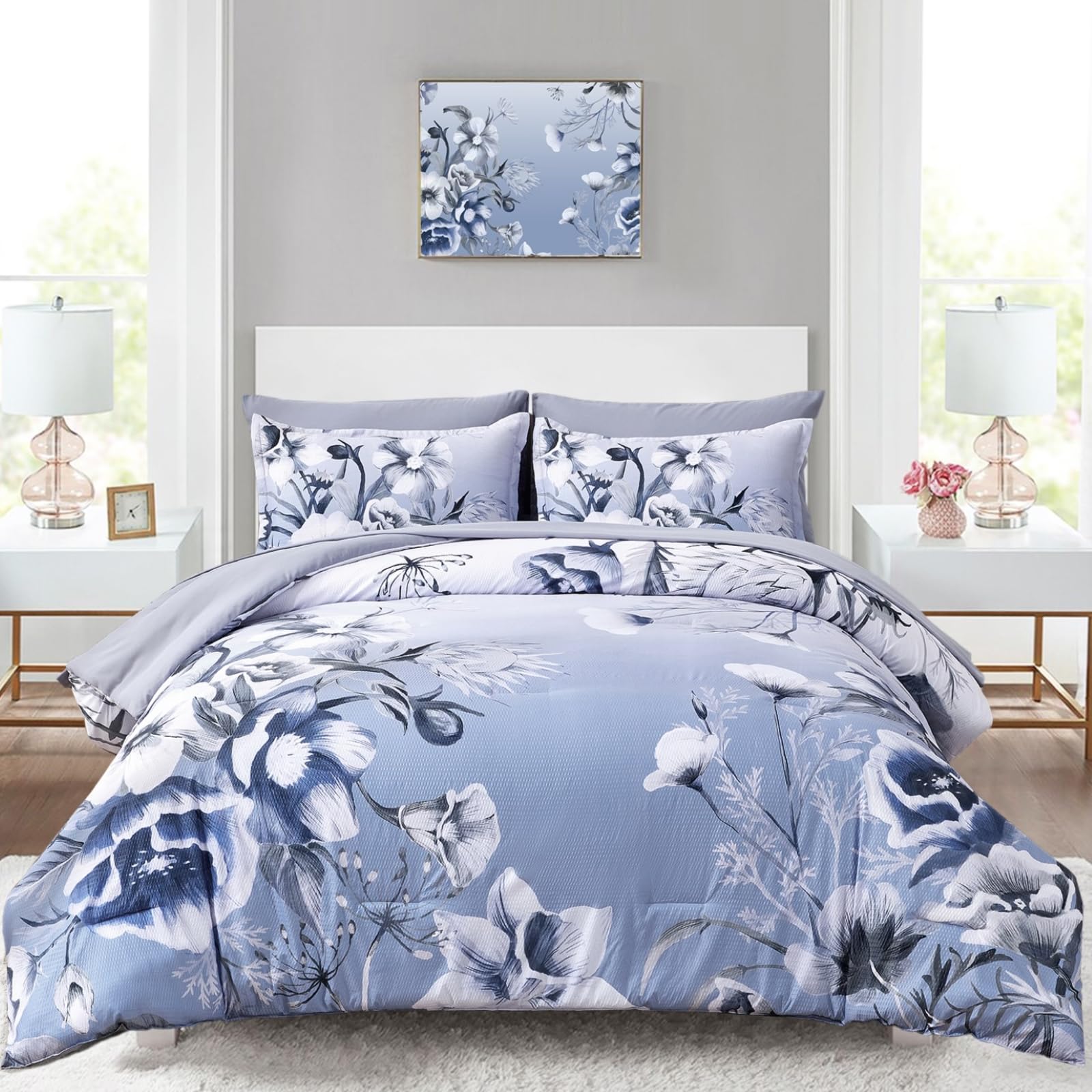 Luxudecor Floral Comforter Set King Size 7 Piece, Blue Flower Bed In A Bag, Elegant Gradient Floral Comforter With Sheet Set, So