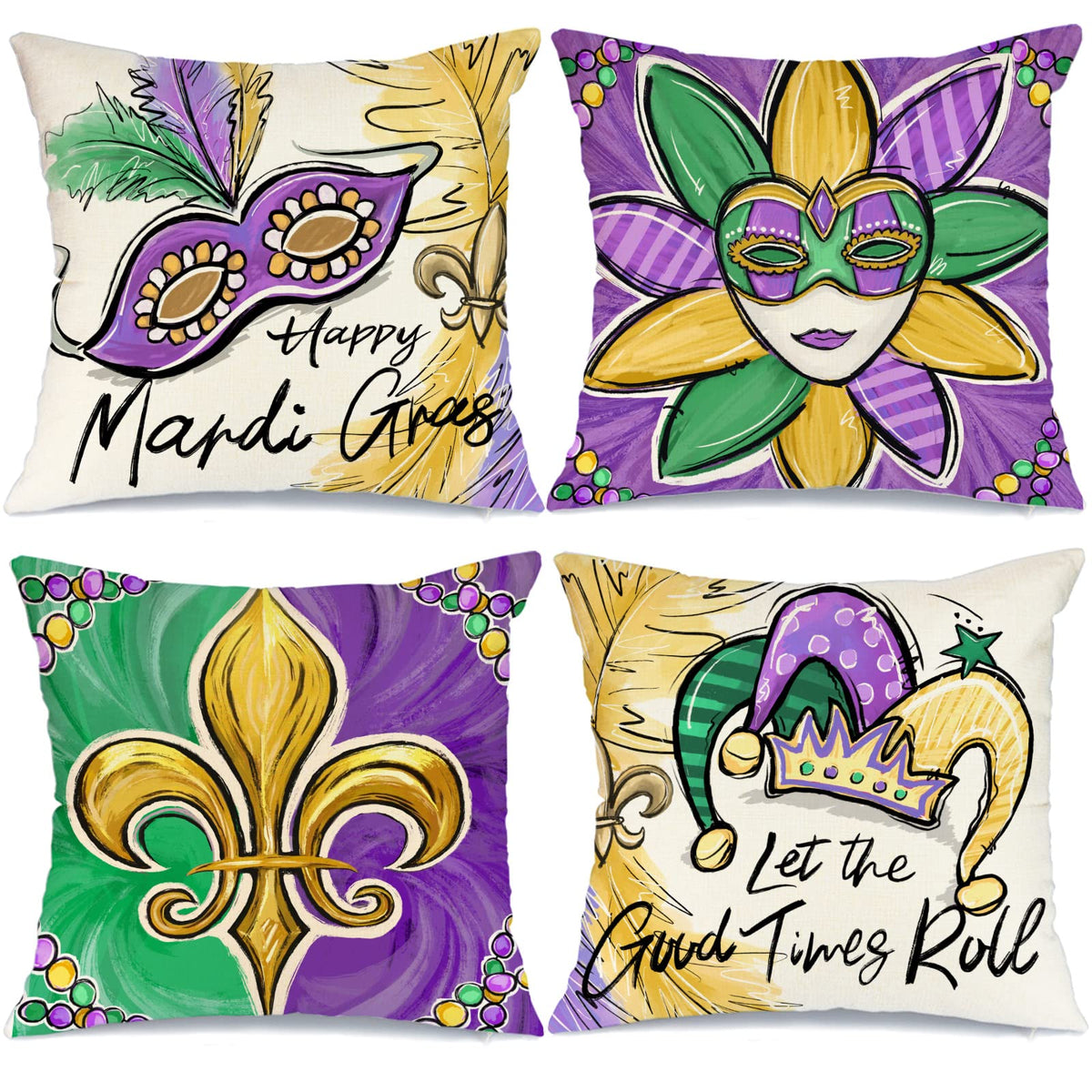 Geeory Mardi Gras Pillow Covers 18 X 18 Set Of 4 For Beads Masquerade Mask Fleur De Lis Feather Happy Mardi Gras Decor Throw Pil