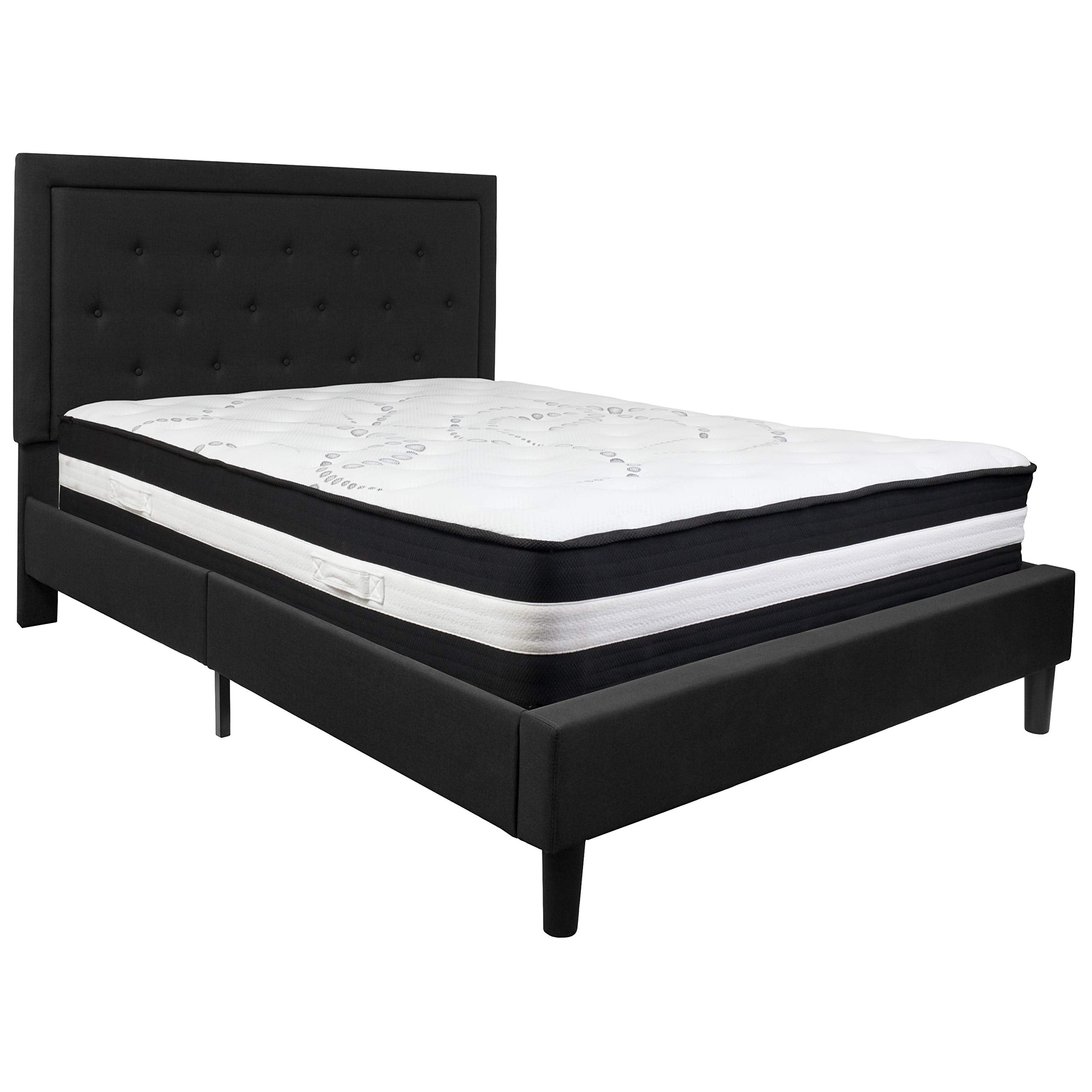 Flash Furniture Roxbury Queen Size Tufted Upholstered Platform Bed In Black Fabric With Pocket Spring Mattress