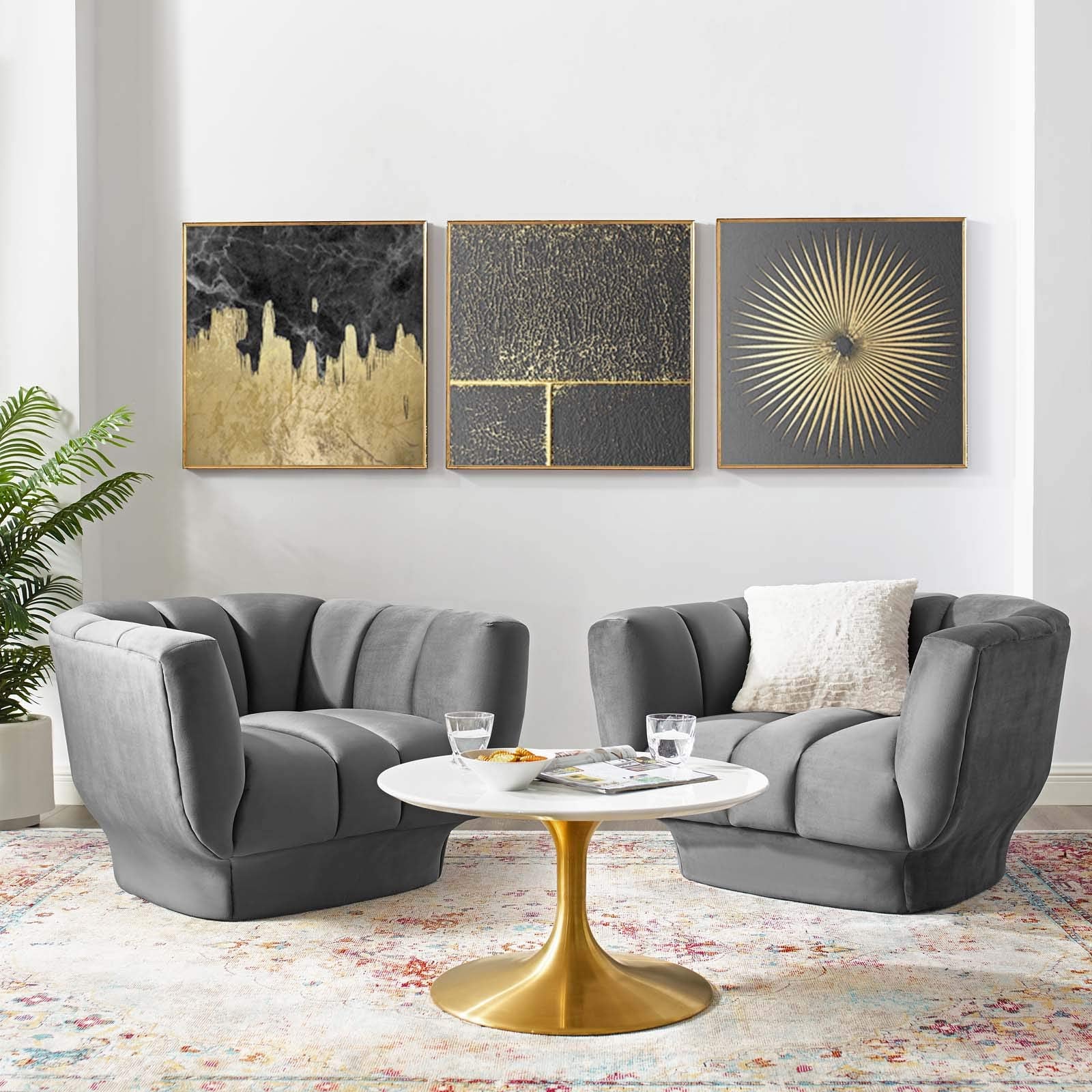 Modway Entertain Vertical Channel Tufted Performance Velvet Armchair Set Of 2, Gray